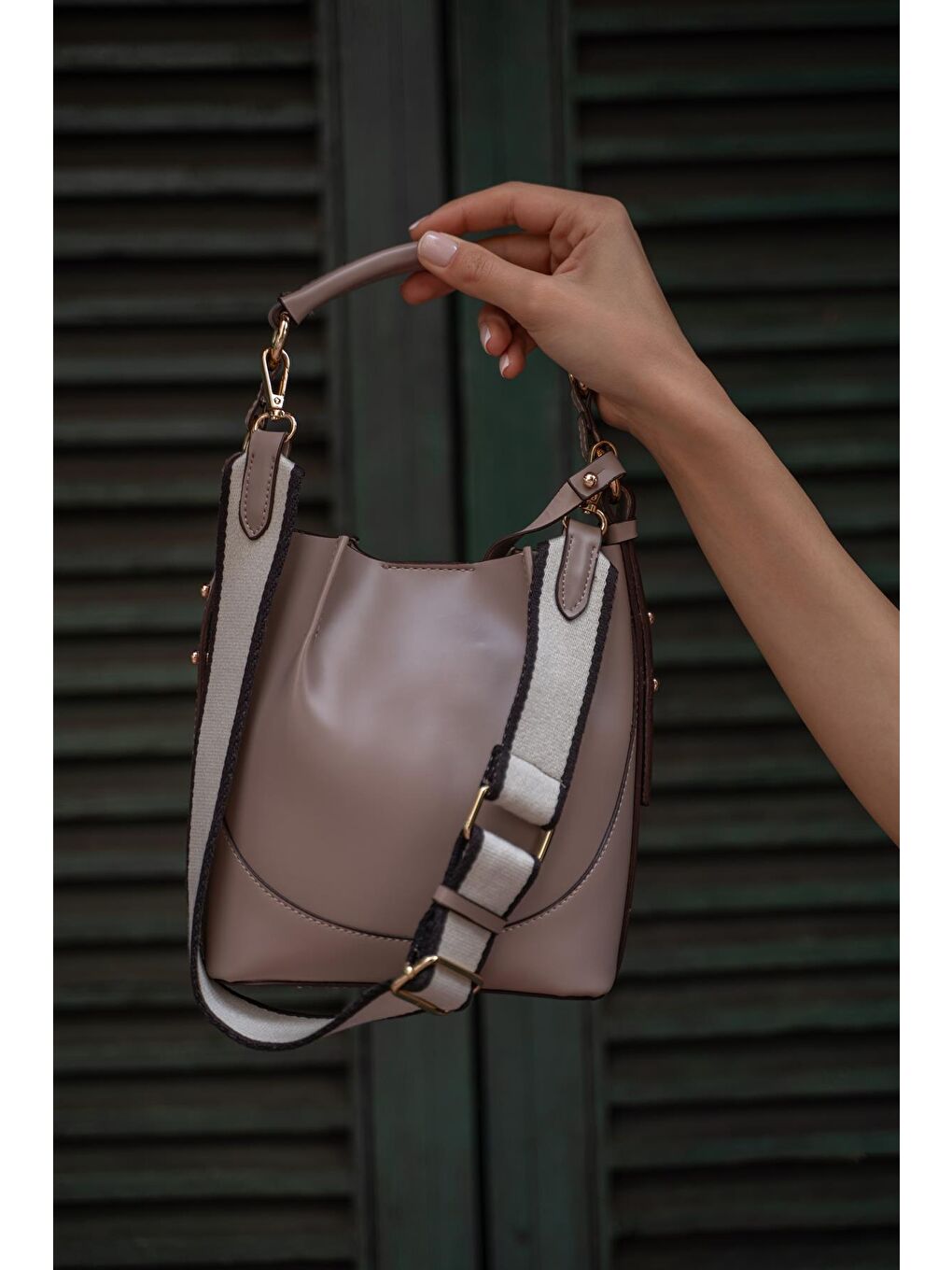 Bej Lauro Üst Dikişli Cüzdanlı Bucket Kadın Çanta - Vizon-3