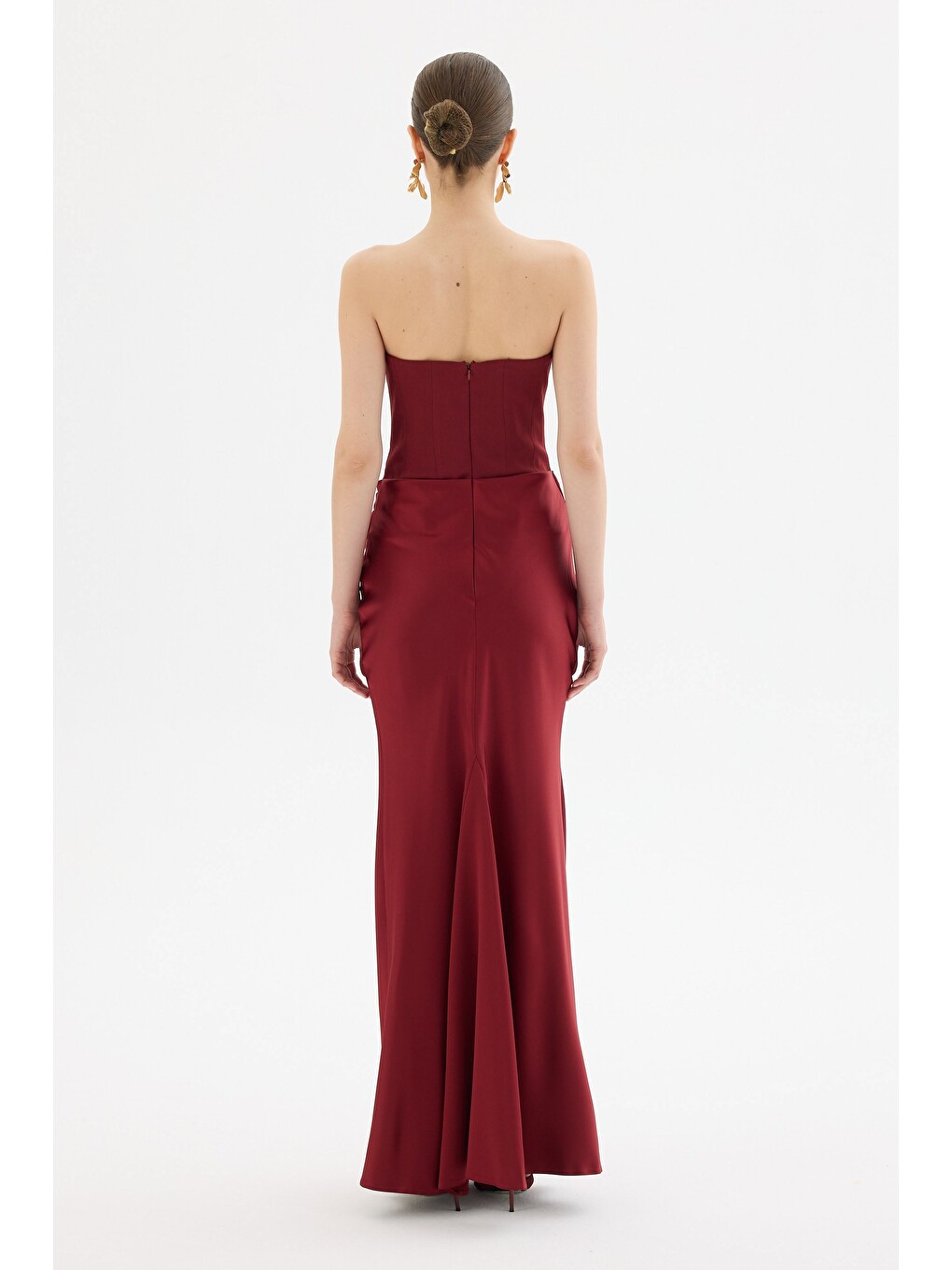 Bordo Straplez Üstü Krep Altı Saten Abiye Elbise-3