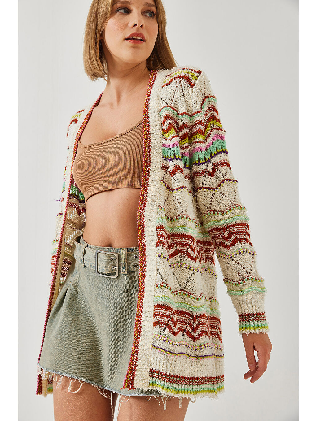 Ekru Kadın Multi Desenli Uzun Triko Hırka-1