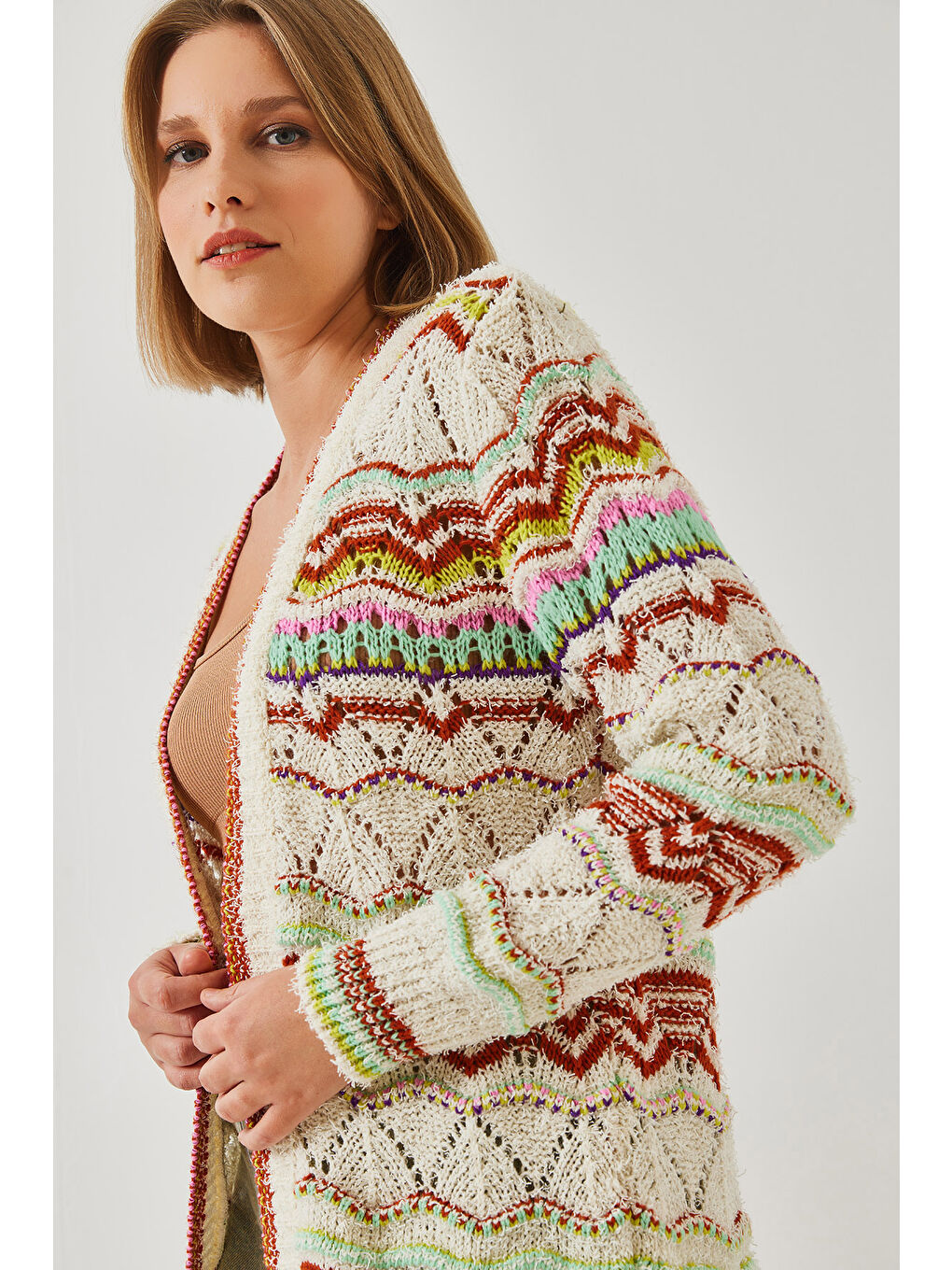 Ekru Kadın Multi Desenli Uzun Triko Hırka-2