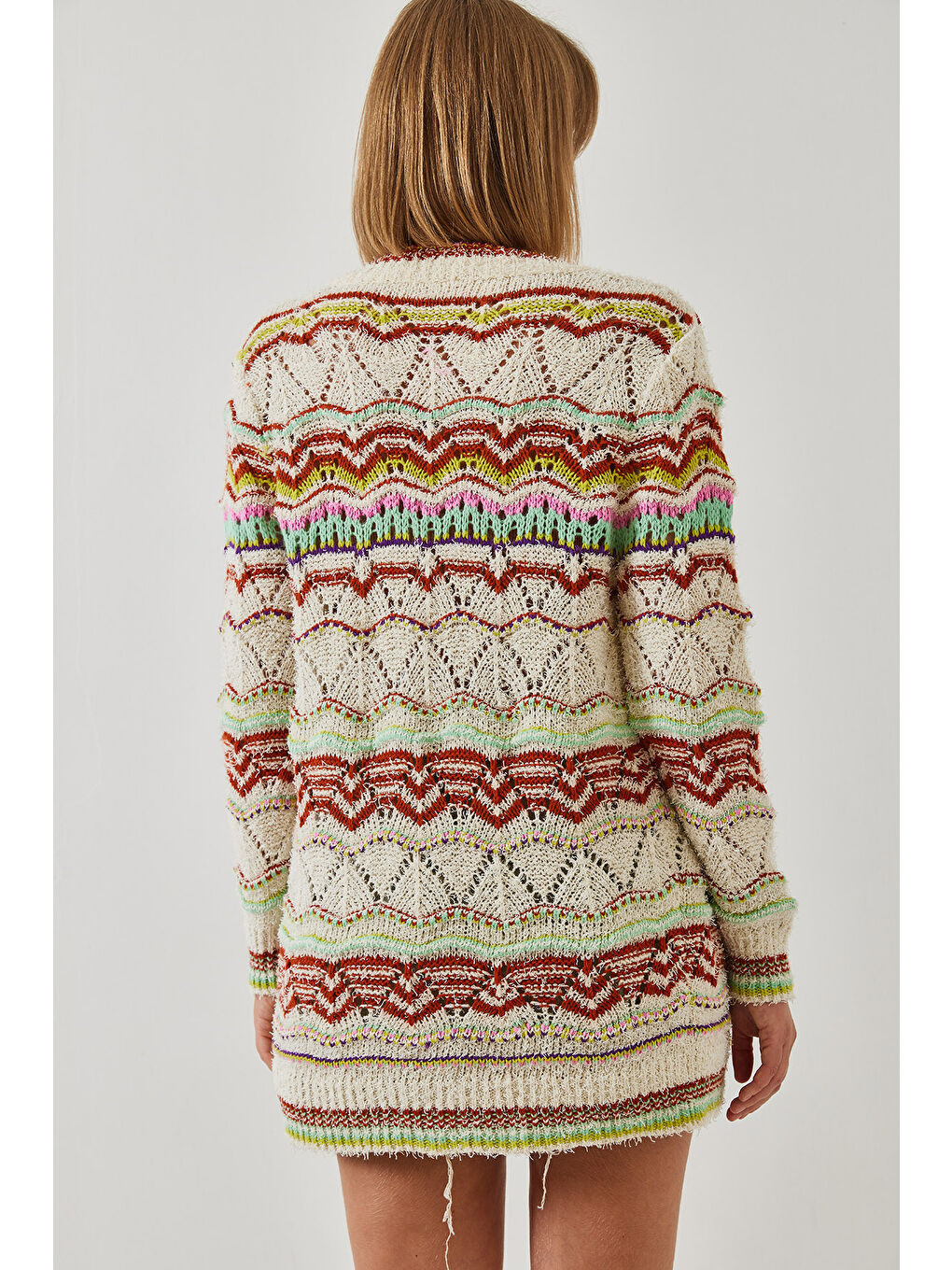 Ekru Kadın Multi Desenli Uzun Triko Hırka-3