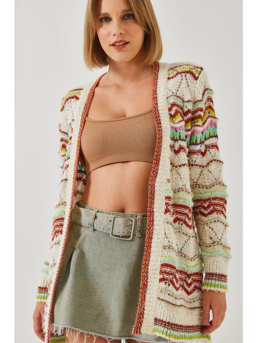 Ekru Kadın Multi Desenli Uzun Triko Hırka-4