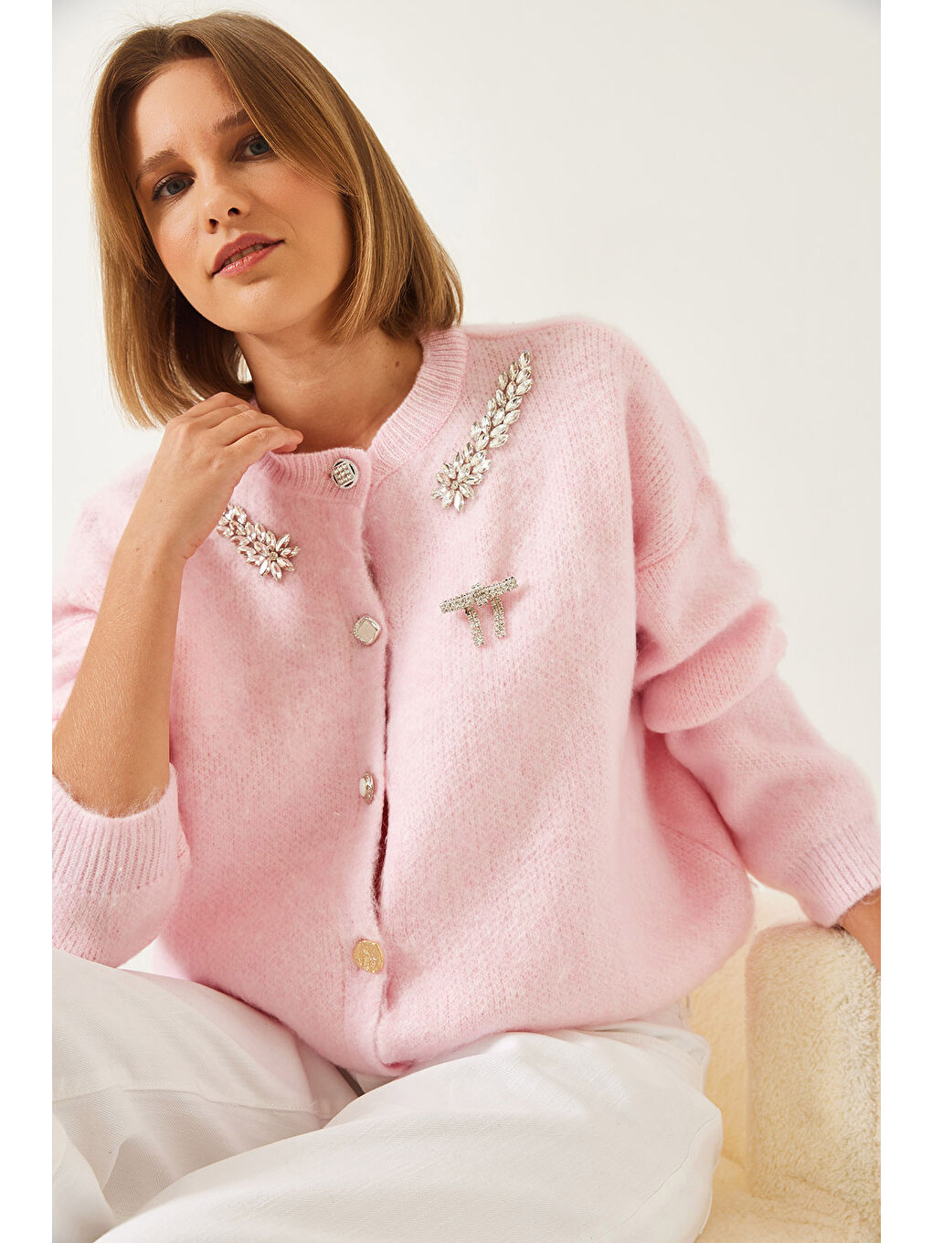 Pembe Kadın Yakası Taşlı Şardonlu Triko Hırka-1