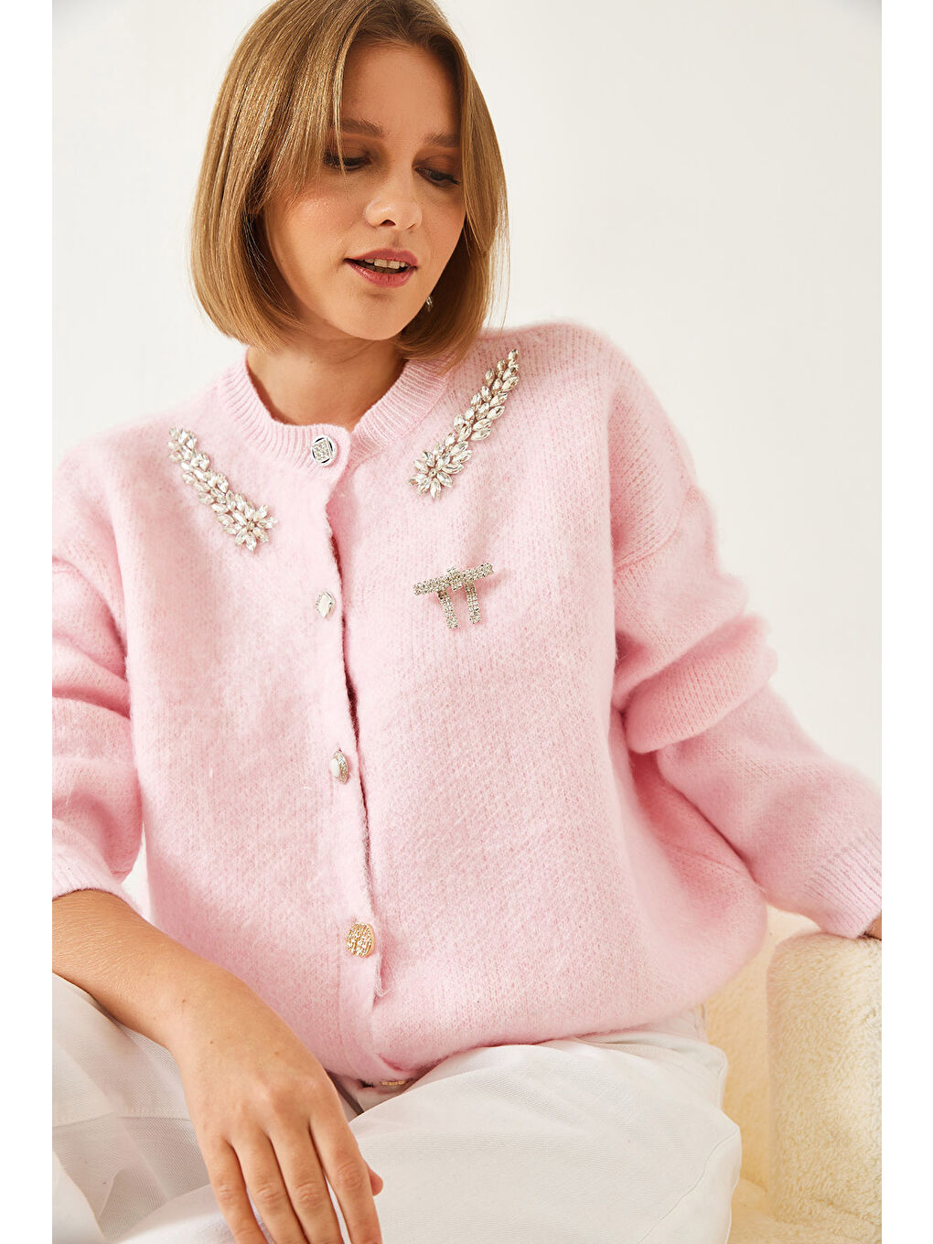 Pembe Kadın Yakası Taşlı Şardonlu Triko Hırka-2