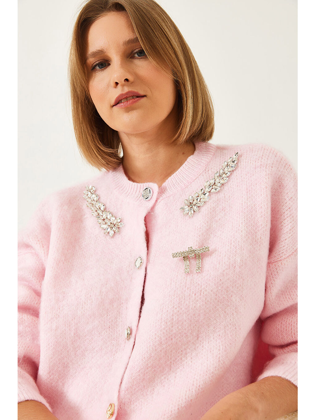 Pembe Kadın Yakası Taşlı Şardonlu Triko Hırka-3