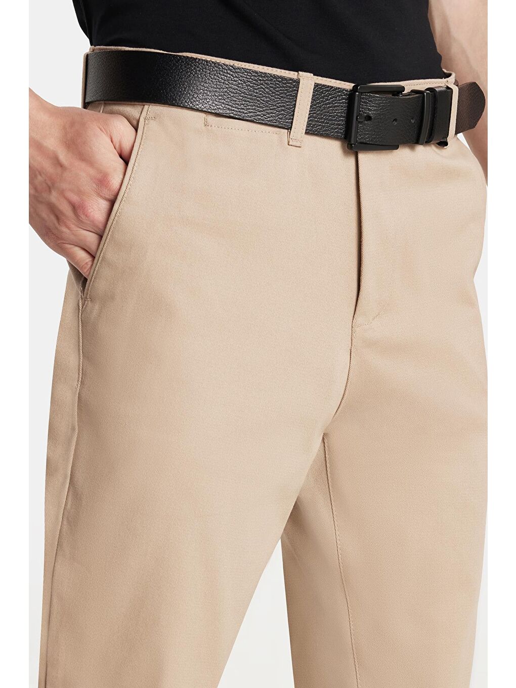 Erkek Slim Fit Chino Esnek Yandan Cepli Önü Fermuarlı Pamuklu Dokulu Bej Pantolon-1