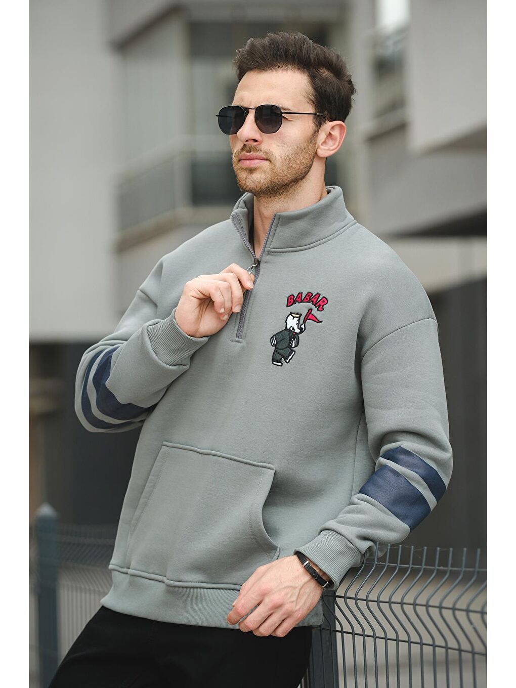 Oksit Yeşil Babar Üç İplik Şardonlu Nakışlı Fermuarlı Dik Yaka Oversize Erkek Sweatshirt - 1