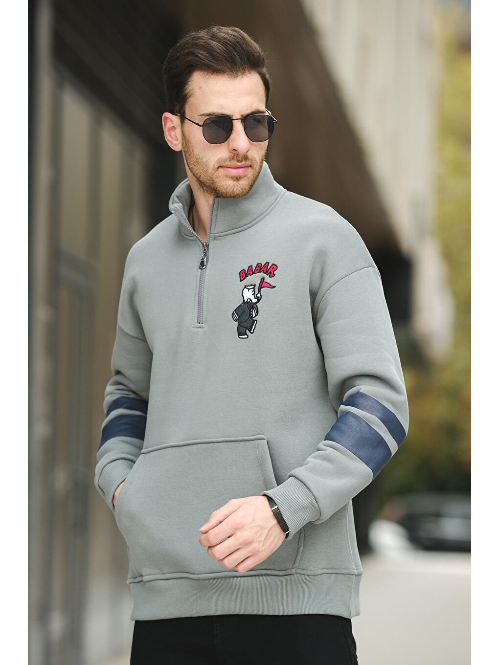 Oksit Yeşil Babar Üç İplik Şardonlu Nakışlı Fermuarlı Dik Yaka Oversize Erkek Sweatshirt - 2