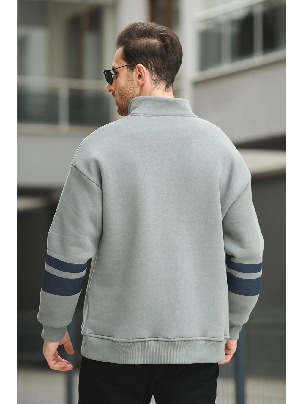 Oksit Yeşil Babar Üç İplik Şardonlu Nakışlı Fermuarlı Dik Yaka Oversize Erkek Sweatshirt - 3