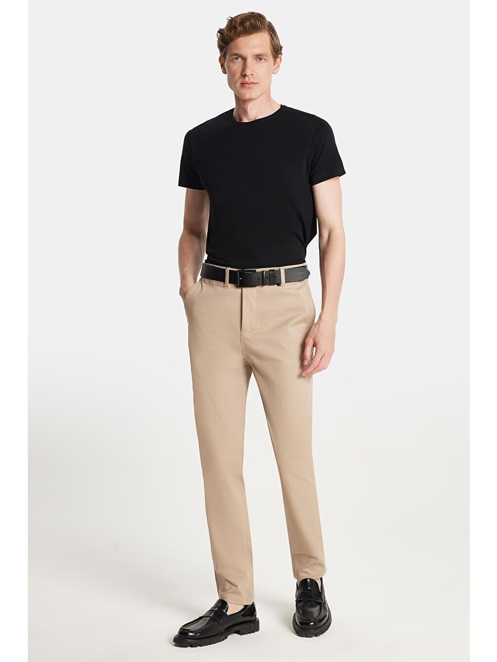 Erkek Slim Fit Chino Esnek Yandan Cepli Önü Fermuarlı Pamuklu Dokulu Bej Pantolon-2