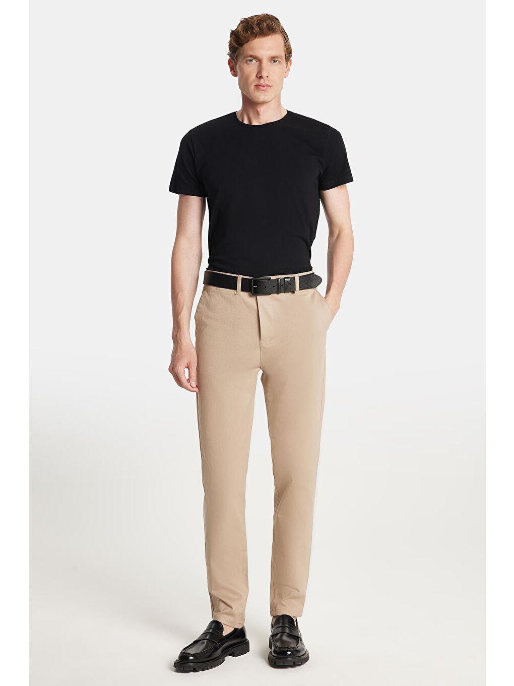 Erkek Slim Fit Chino Esnek Yandan Cepli Önü Fermuarlı Pamuklu Dokulu Bej Pantolon-3
