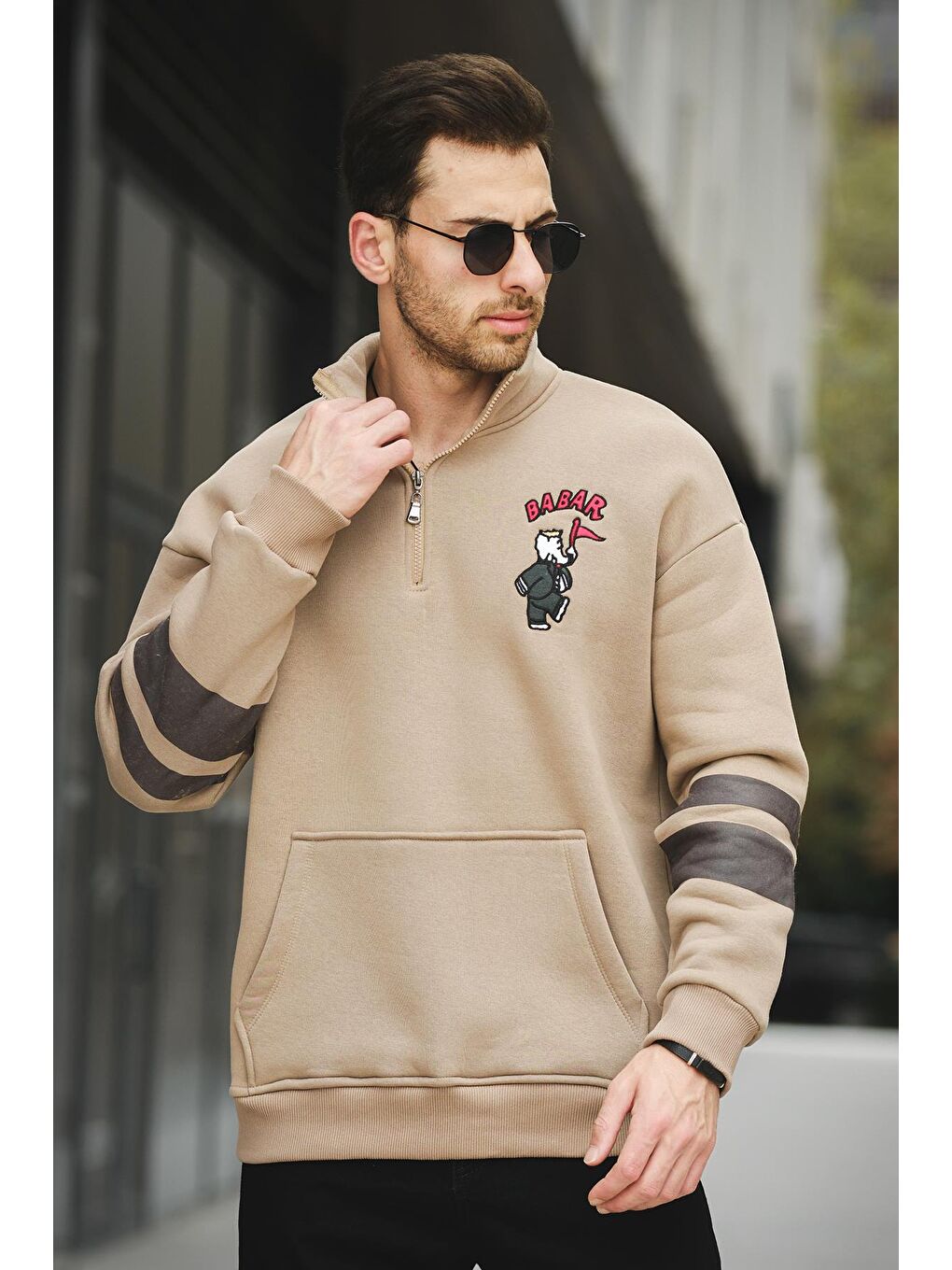 Oksit Kahverengi Babar Üç İplik Şardonlu Nakışlı Fermuarlı Dik Yaka Oversize Erkek Sweatshirt - 1