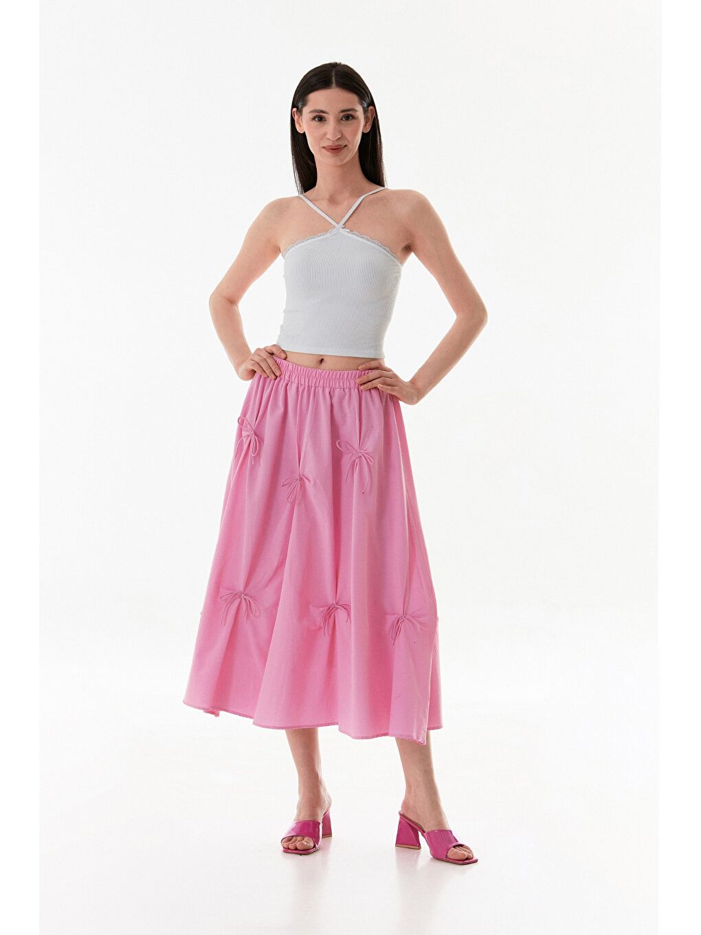 Pembe Beli Lastikli Kurdeleli Terikoton Kumaş Etek