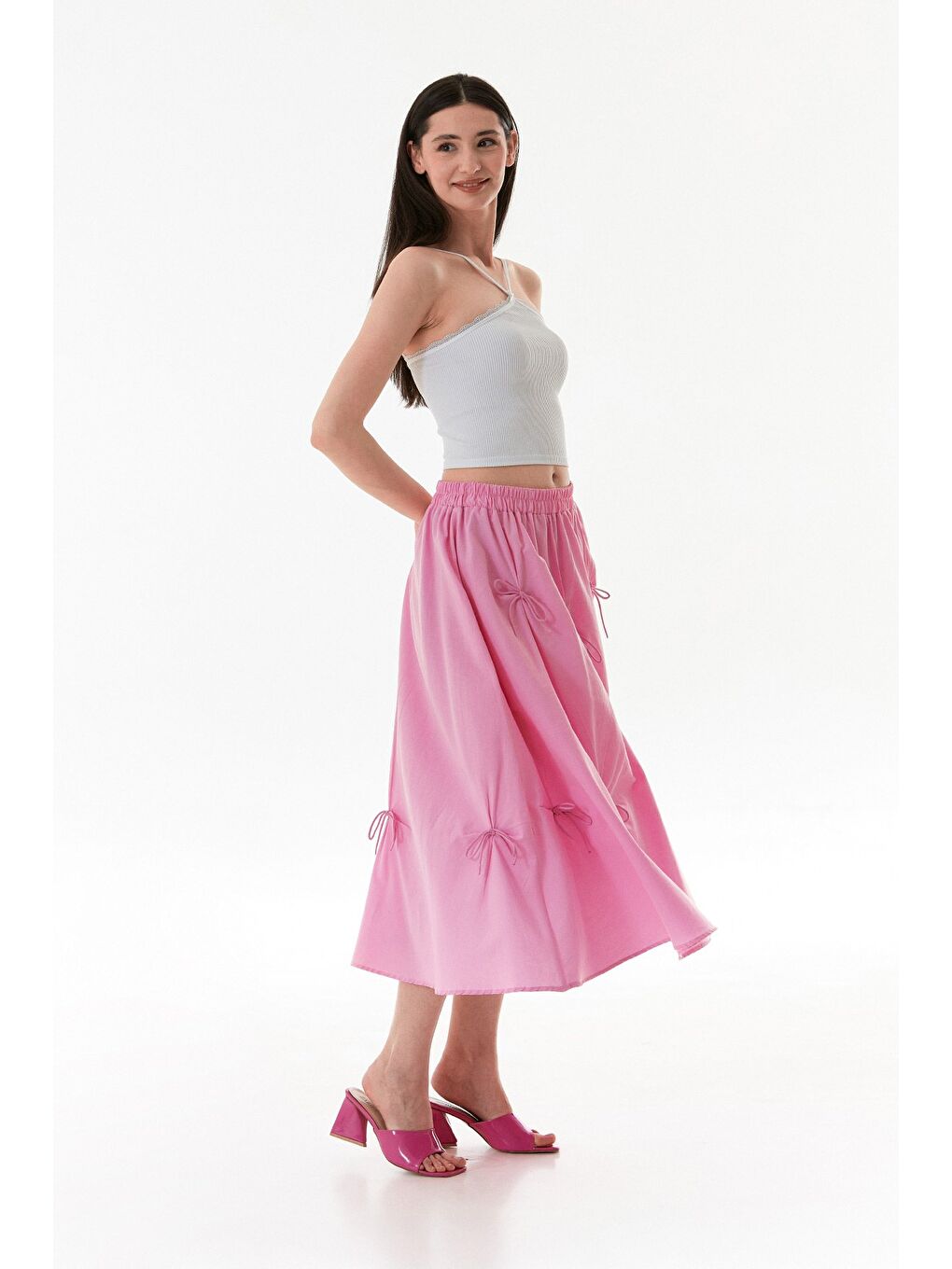 Pembe Beli Lastikli Kurdeleli Terikoton Kumaş Etek-1