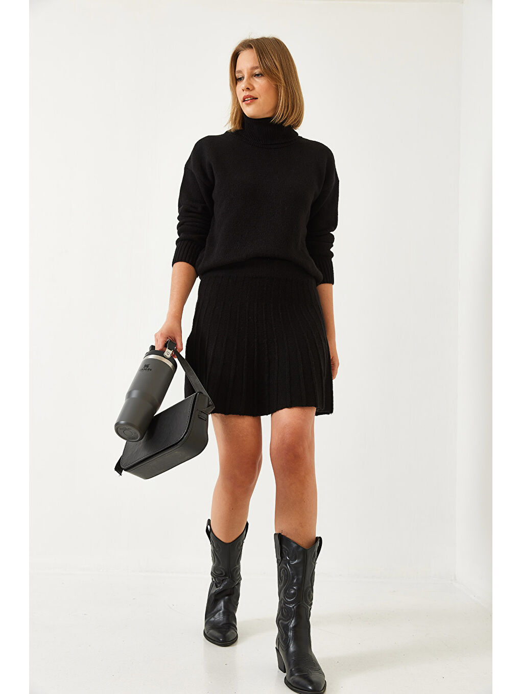 Siyah Kadın Etekli Triko Alt Üst Takım-4