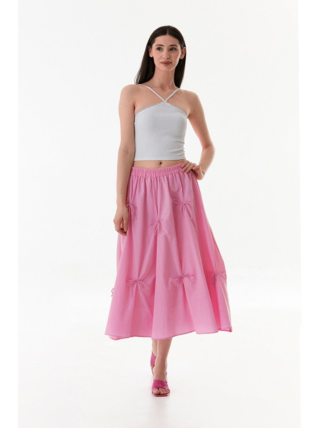 Pembe Beli Lastikli Kurdeleli Terikoton Kumaş Etek-3