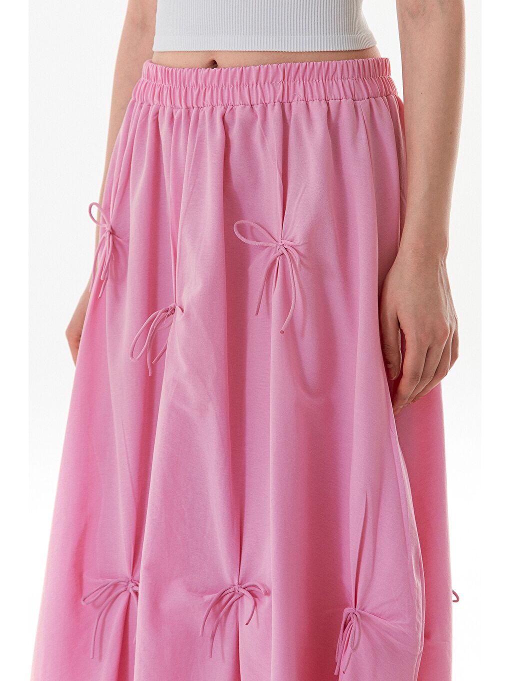 Pembe Beli Lastikli Kurdeleli Terikoton Kumaş Etek-4