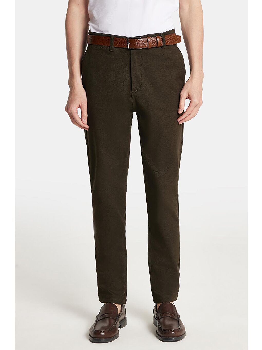 Erkek Slim Fit Chino Esnek Yandan Cepli Önü Fermuarlı Pamuklu Dokulu Haki Pantolon