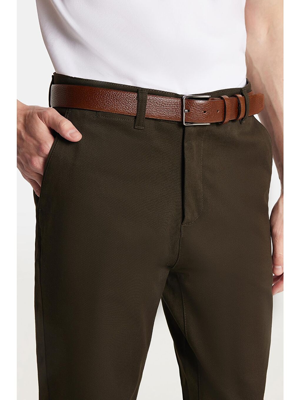 Erkek Slim Fit Chino Esnek Yandan Cepli Önü Fermuarlı Pamuklu Dokulu Haki Pantolon-1