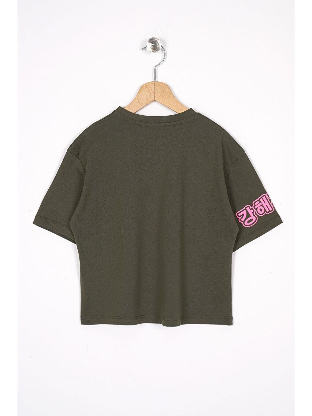 Bisiklet Yaka Baskılı Haki Renk Kız Çocuk Tshirt-2