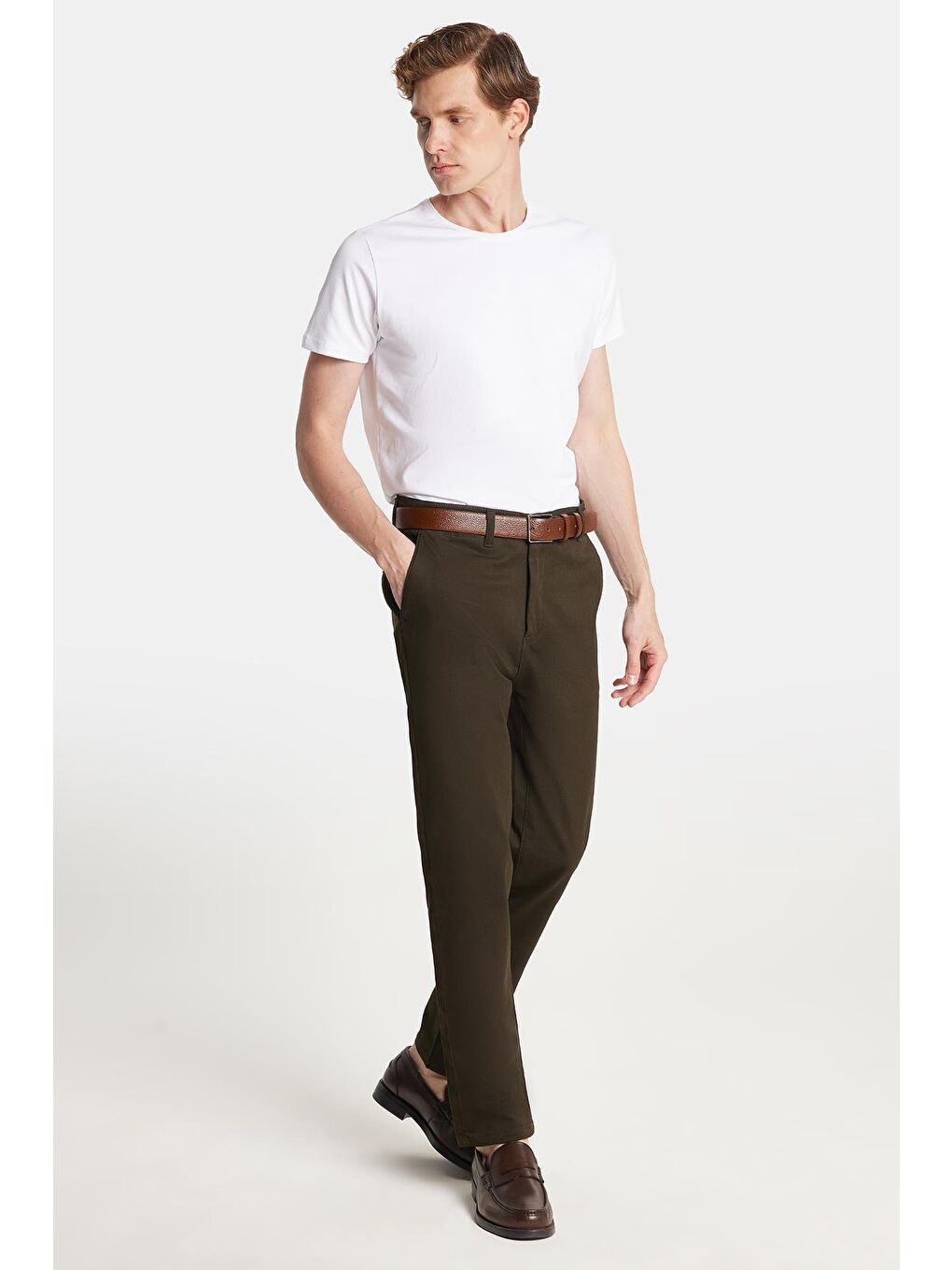Erkek Slim Fit Chino Esnek Yandan Cepli Önü Fermuarlı Pamuklu Dokulu Haki Pantolon-2