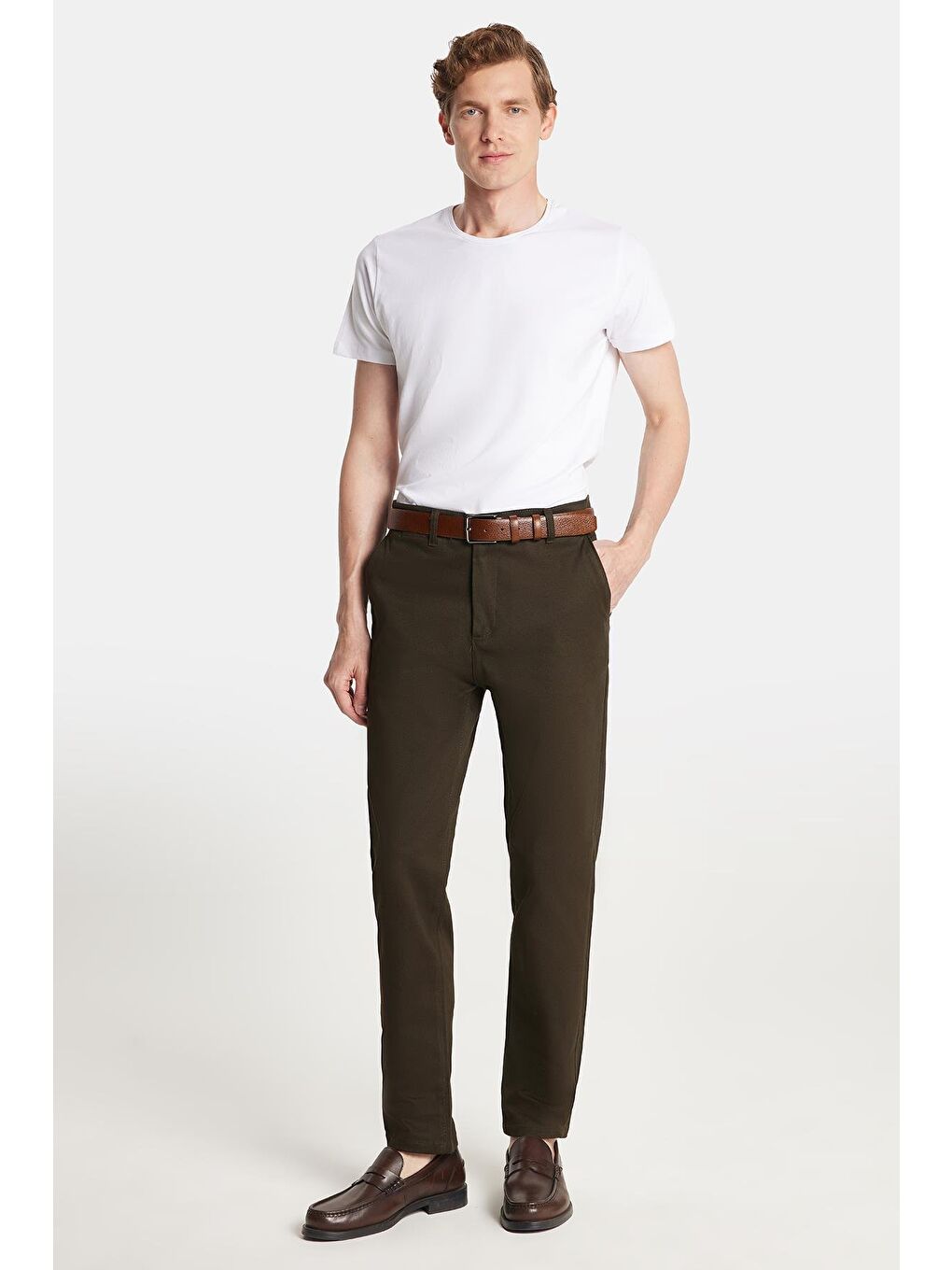 Erkek Slim Fit Chino Esnek Yandan Cepli Önü Fermuarlı Pamuklu Dokulu Haki Pantolon-3