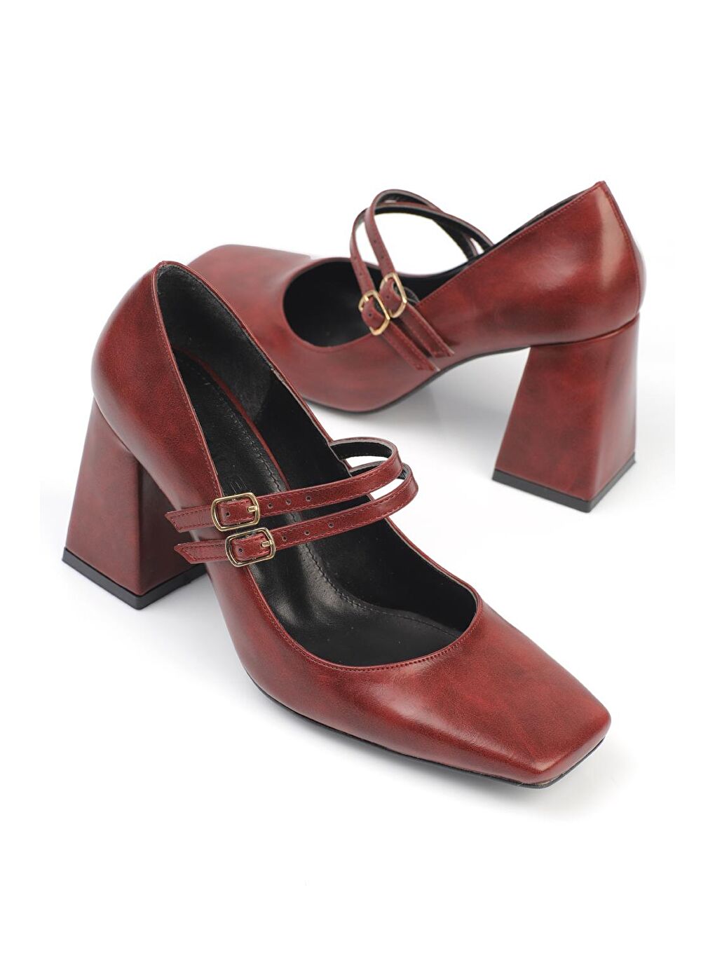Bordo Küt Burunlu  Orta Topuklu Kadın Ayakkabı-1
