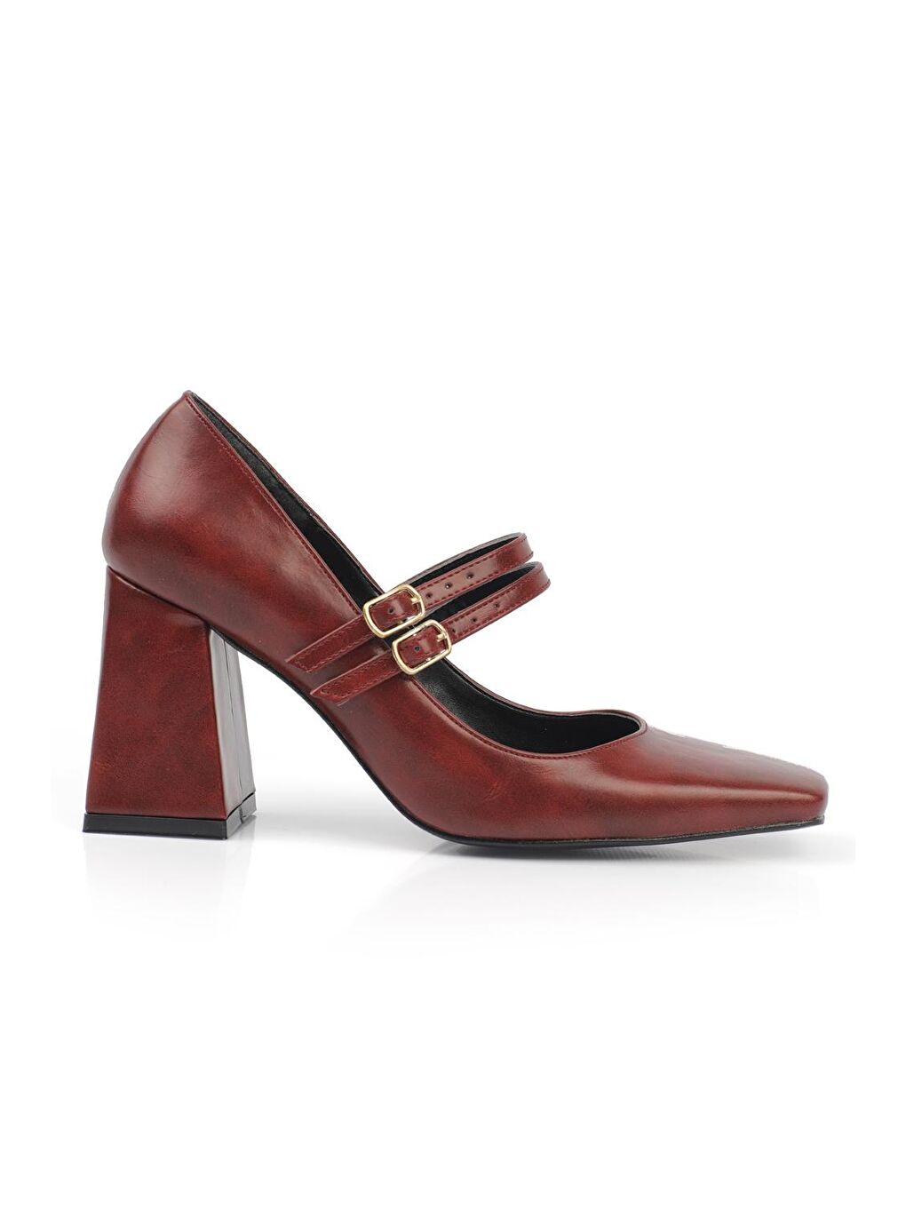 Bordo Küt Burunlu  Orta Topuklu Kadın Ayakkabı-2