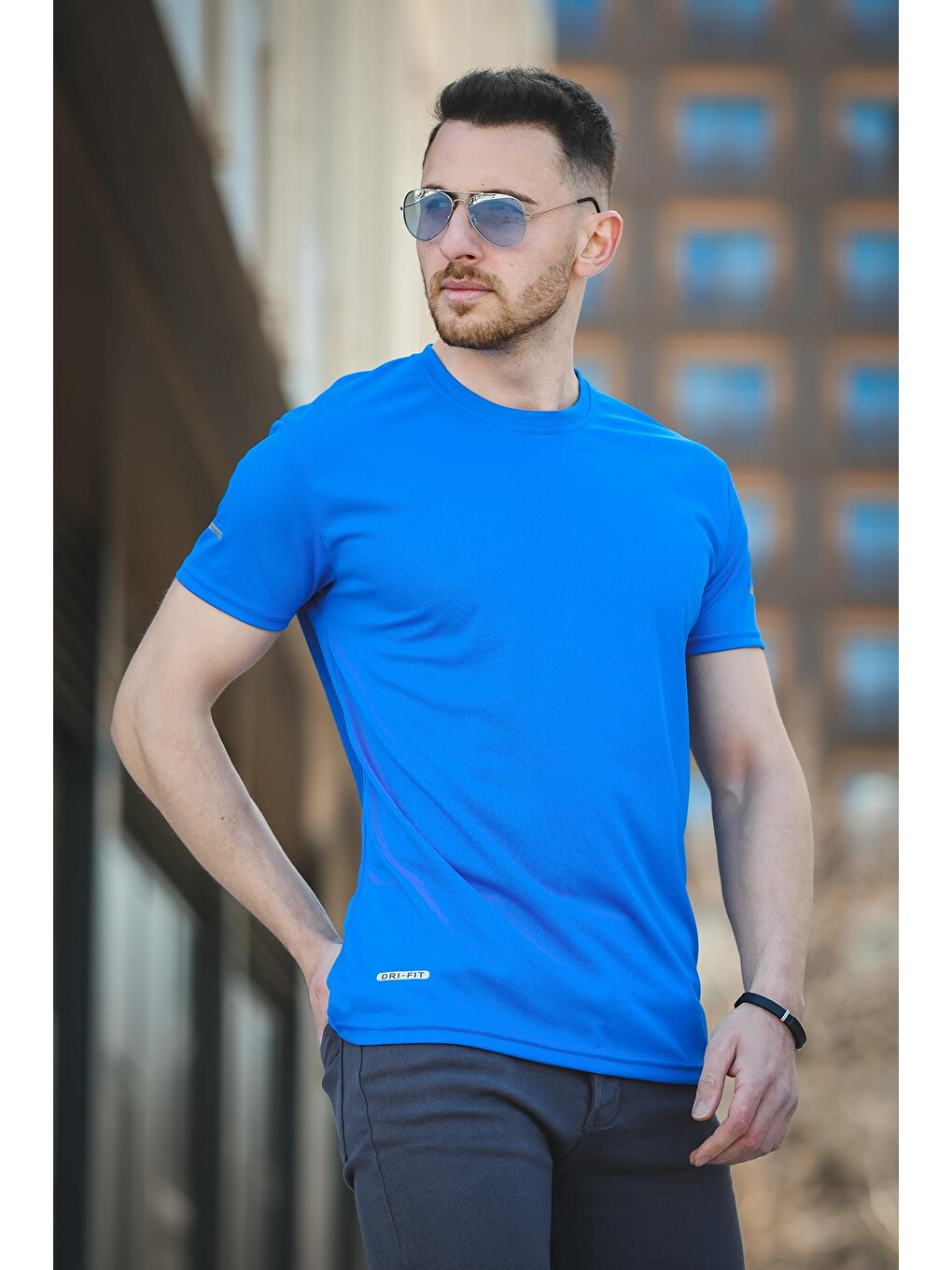 Mavi Polyester Slim Fit Performans Antrenman Sporcu Erkek Tişört-2