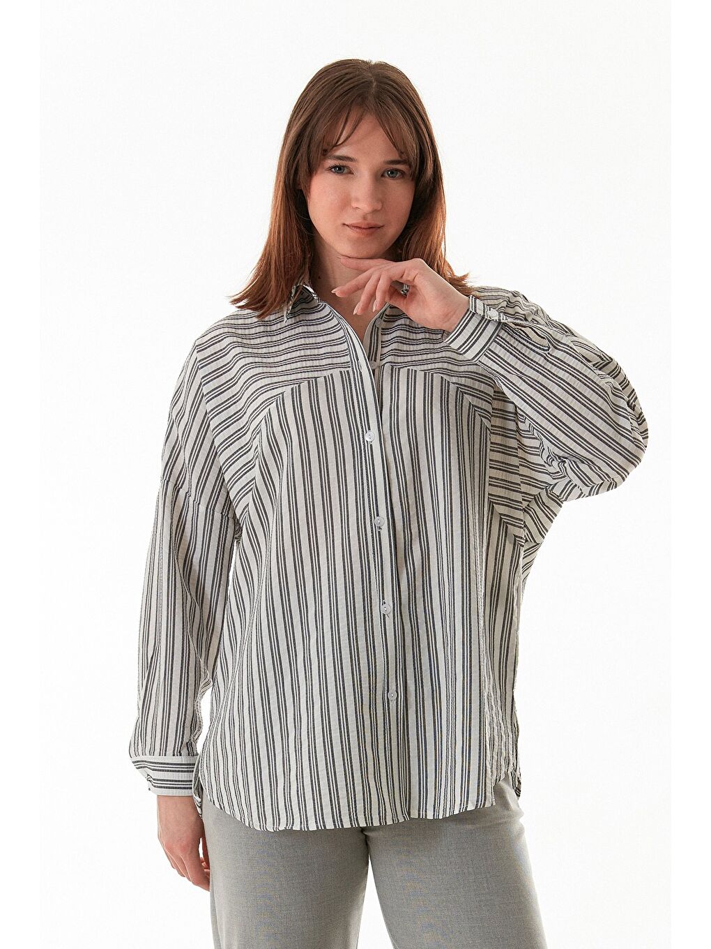 Antrasit Çizgili Oversize Gömlek-3