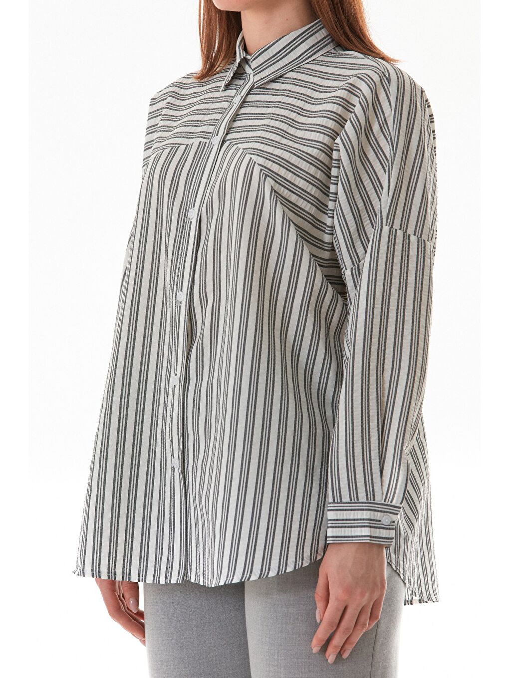 Antrasit Çizgili Oversize Gömlek-4