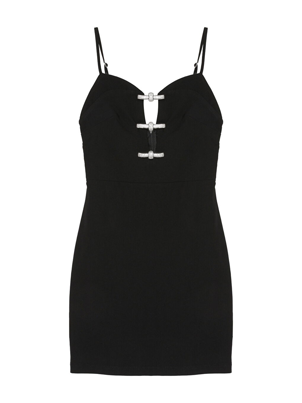 Taş Dekolteli Askılı Mini Elbise Siyah