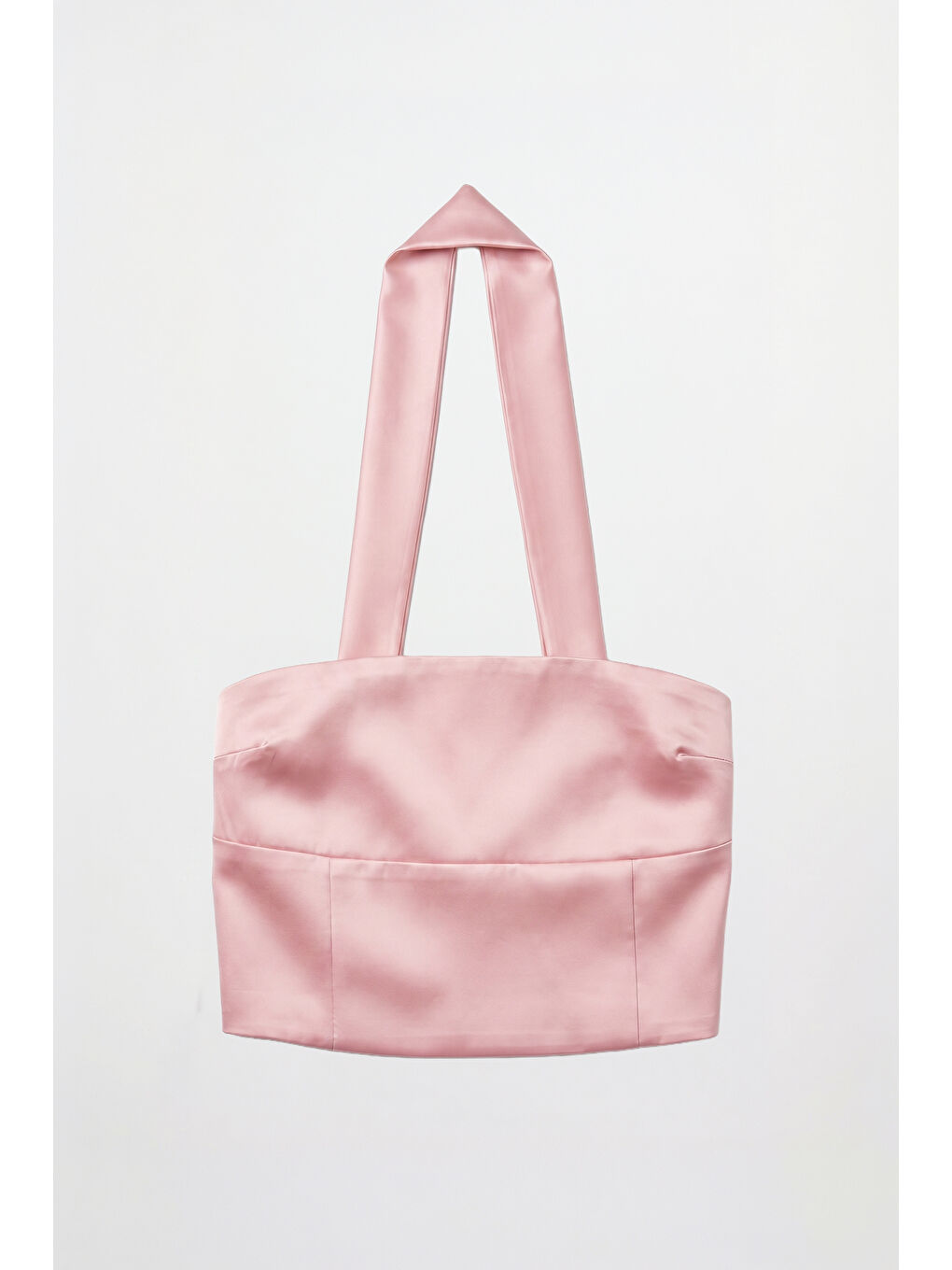 Pembe Boyundan Geçmeli Saten Crop Bluz Pudra