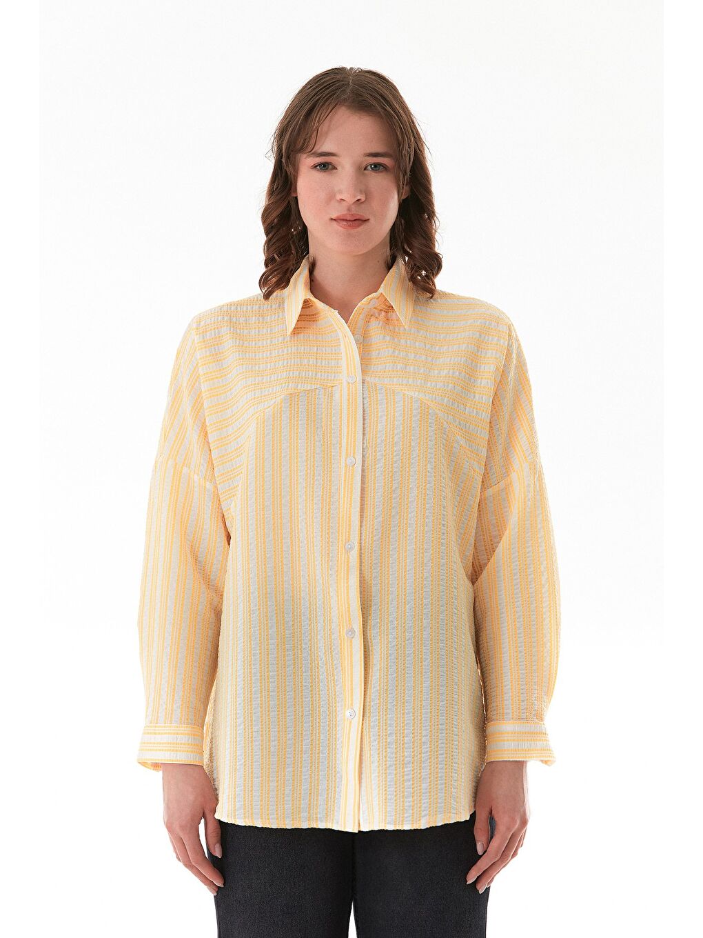 Sarı Çizgili Oversize Gömlek-1