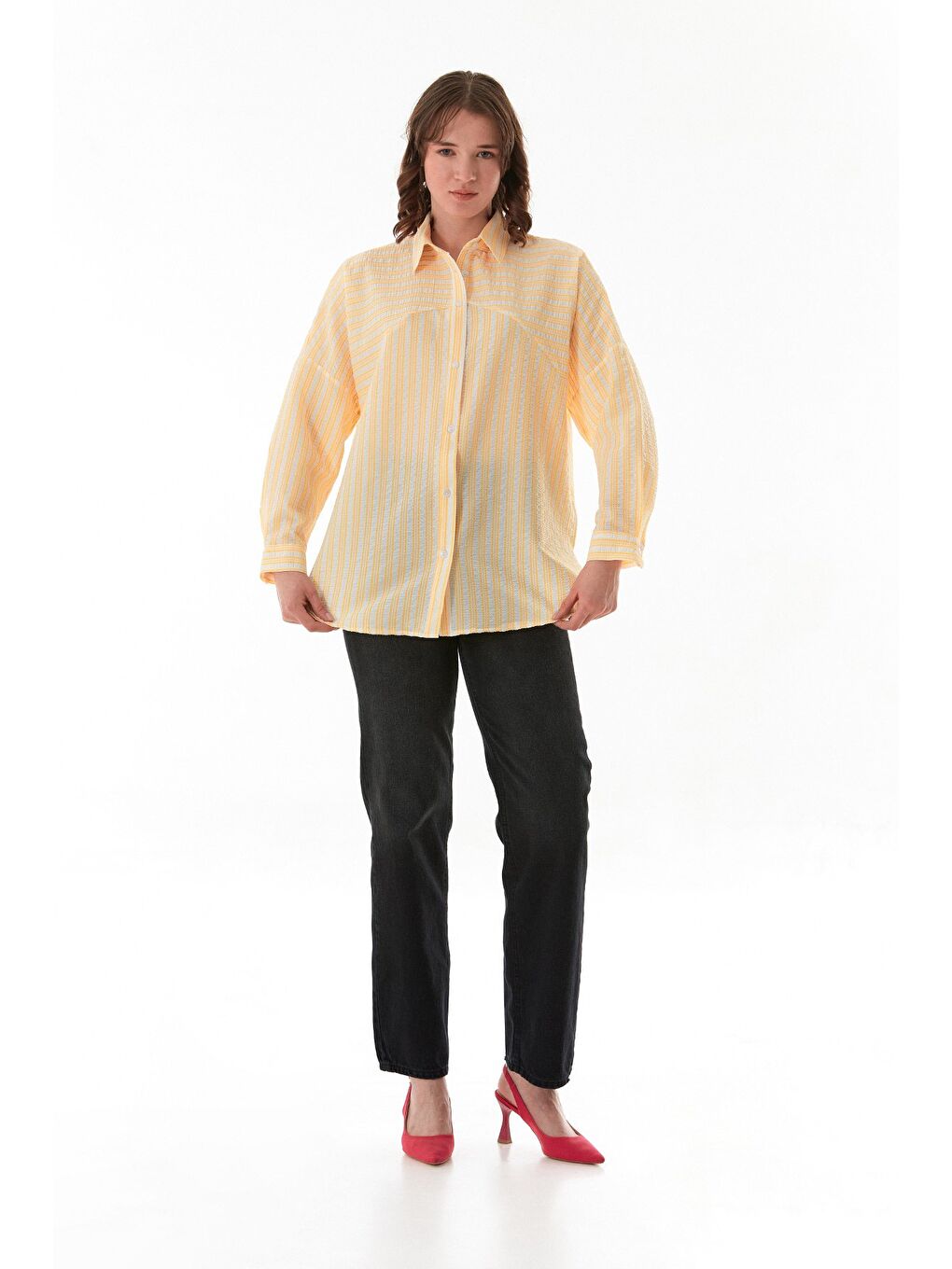 Sarı Çizgili Oversize Gömlek-2