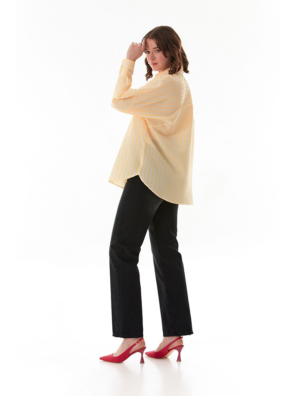 Sarı Çizgili Oversize Gömlek-3
