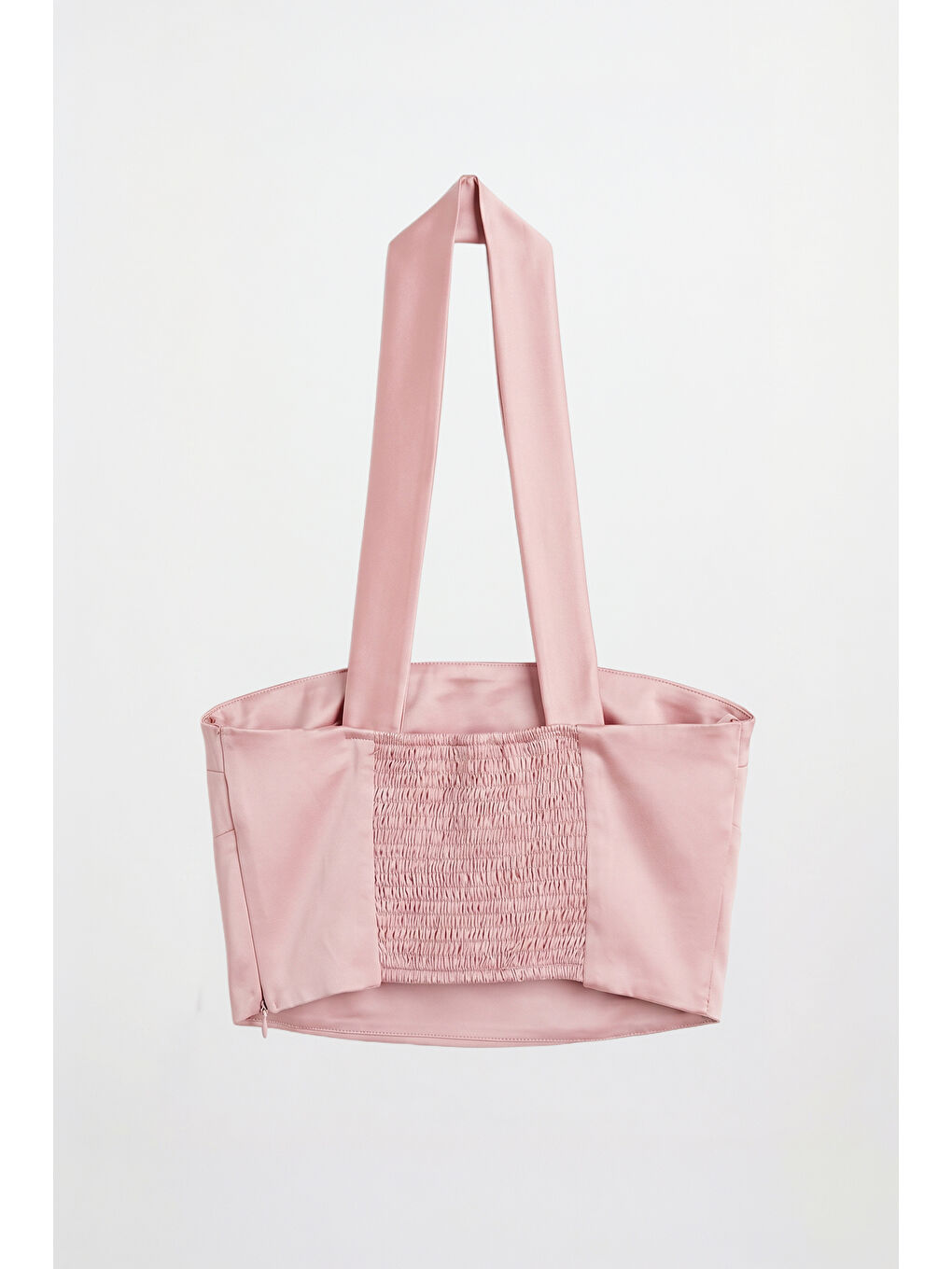 Pembe Boyundan Geçmeli Saten Crop Bluz Pudra-1