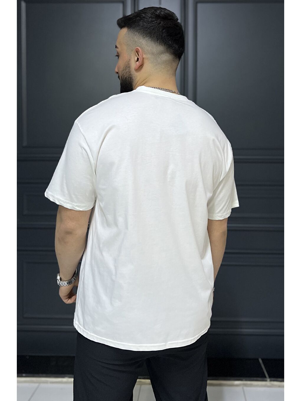 Ekru Yazı Baskılı Erkek Bisiklet Yaka Tişört-3