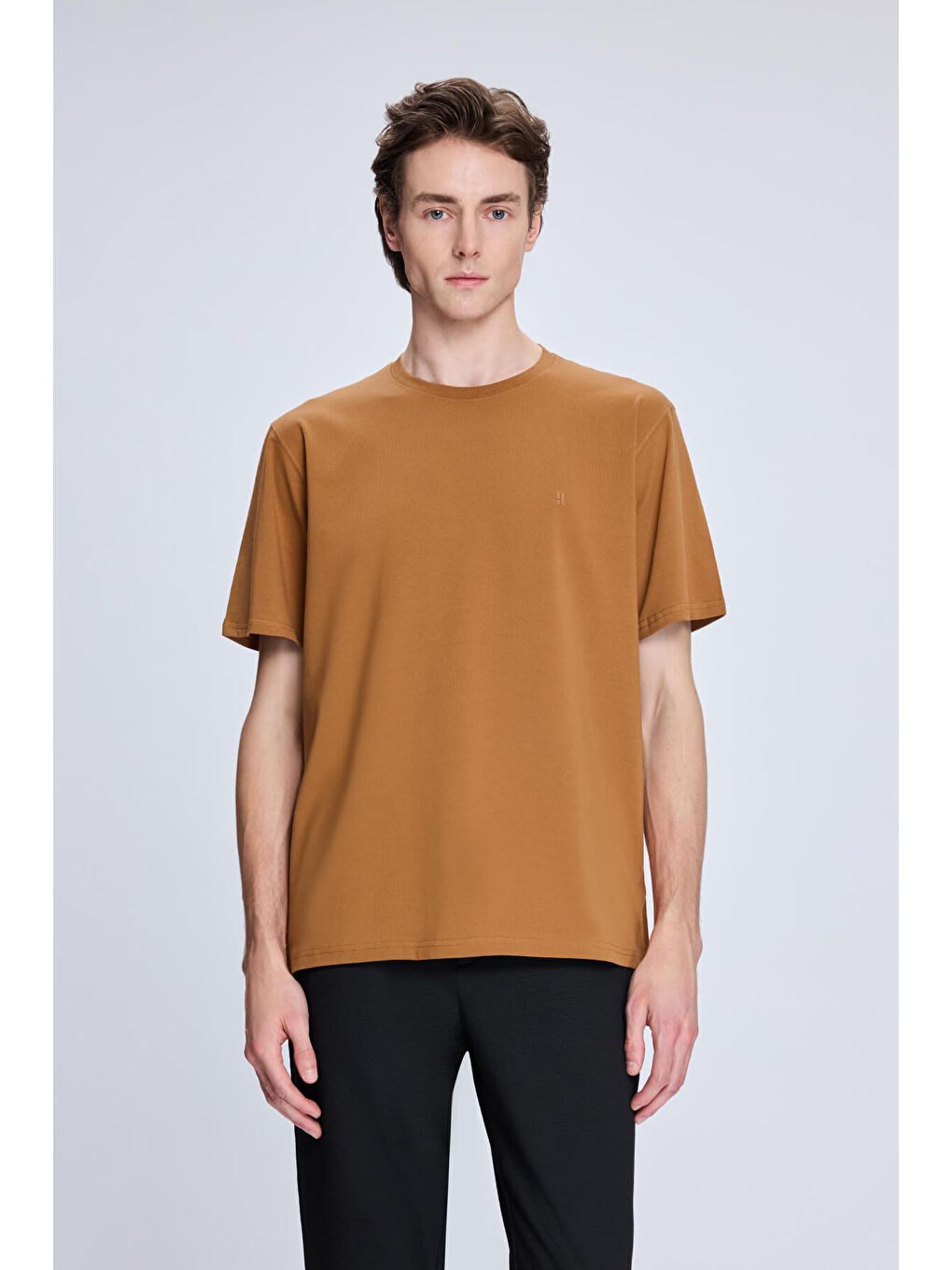 Kahverengi Hardal Regular Fit Bisiklet Yaka Pamuklu Triko Tişört