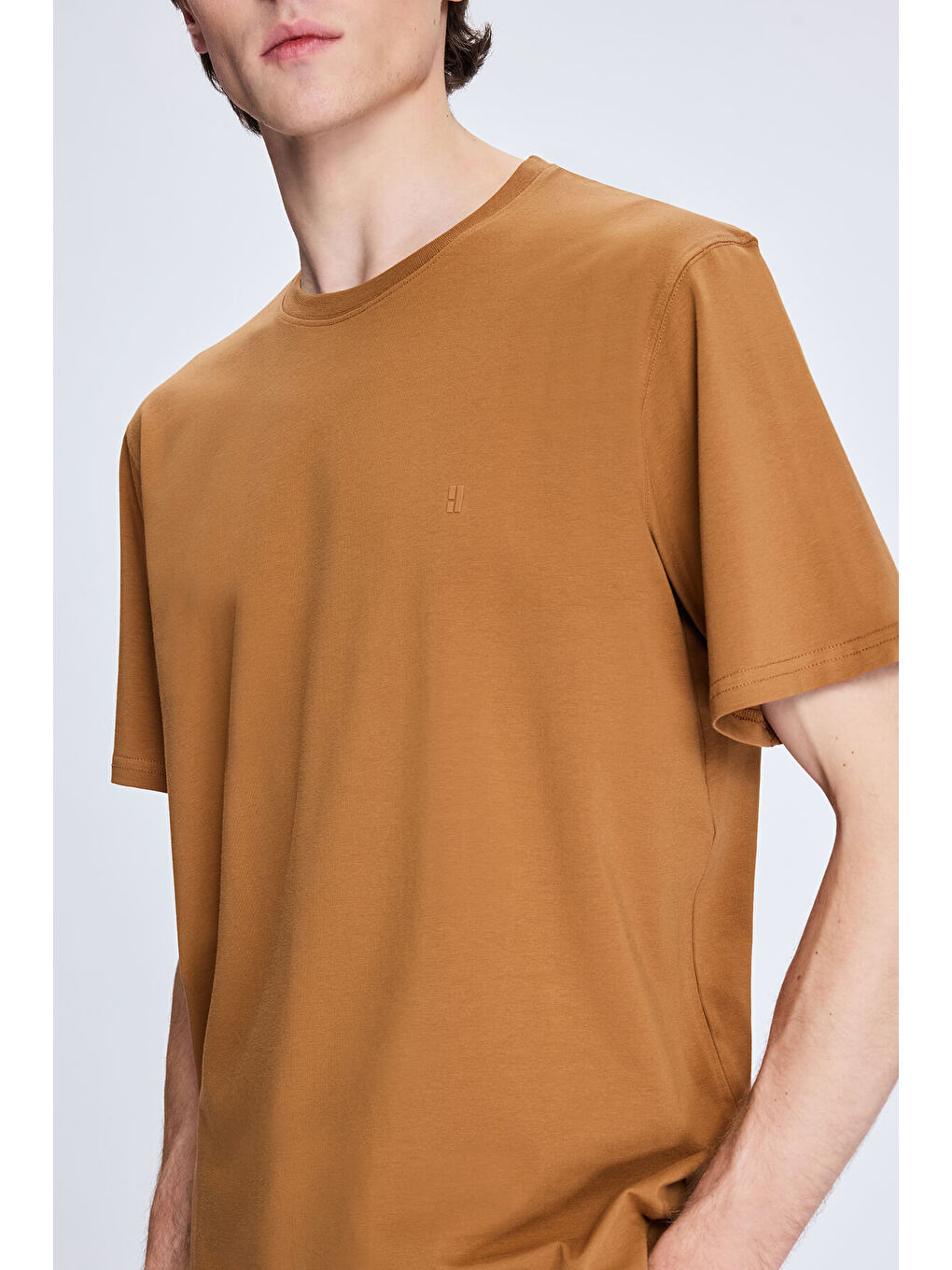 Kahverengi Hardal Regular Fit Bisiklet Yaka Pamuklu Triko Tişört-3