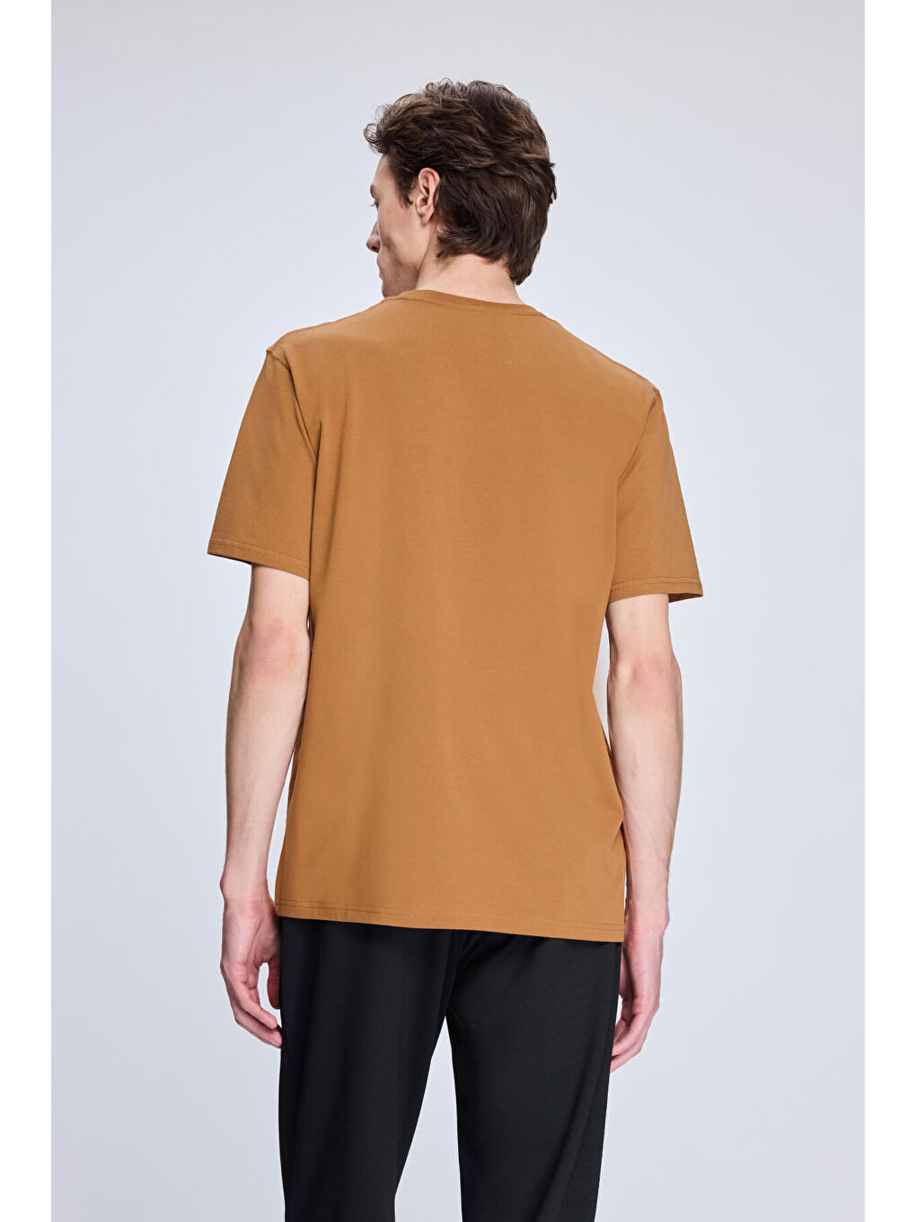 Kahverengi Hardal Regular Fit Bisiklet Yaka Pamuklu Triko Tişört-4