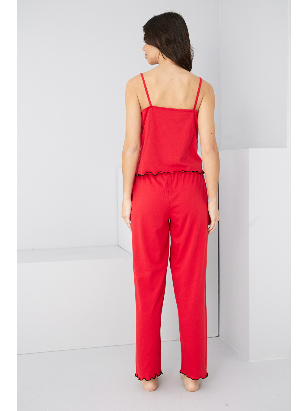Kırmızı Kalp Nakışlı İp Askılı Örme Pijama Takım7883-2