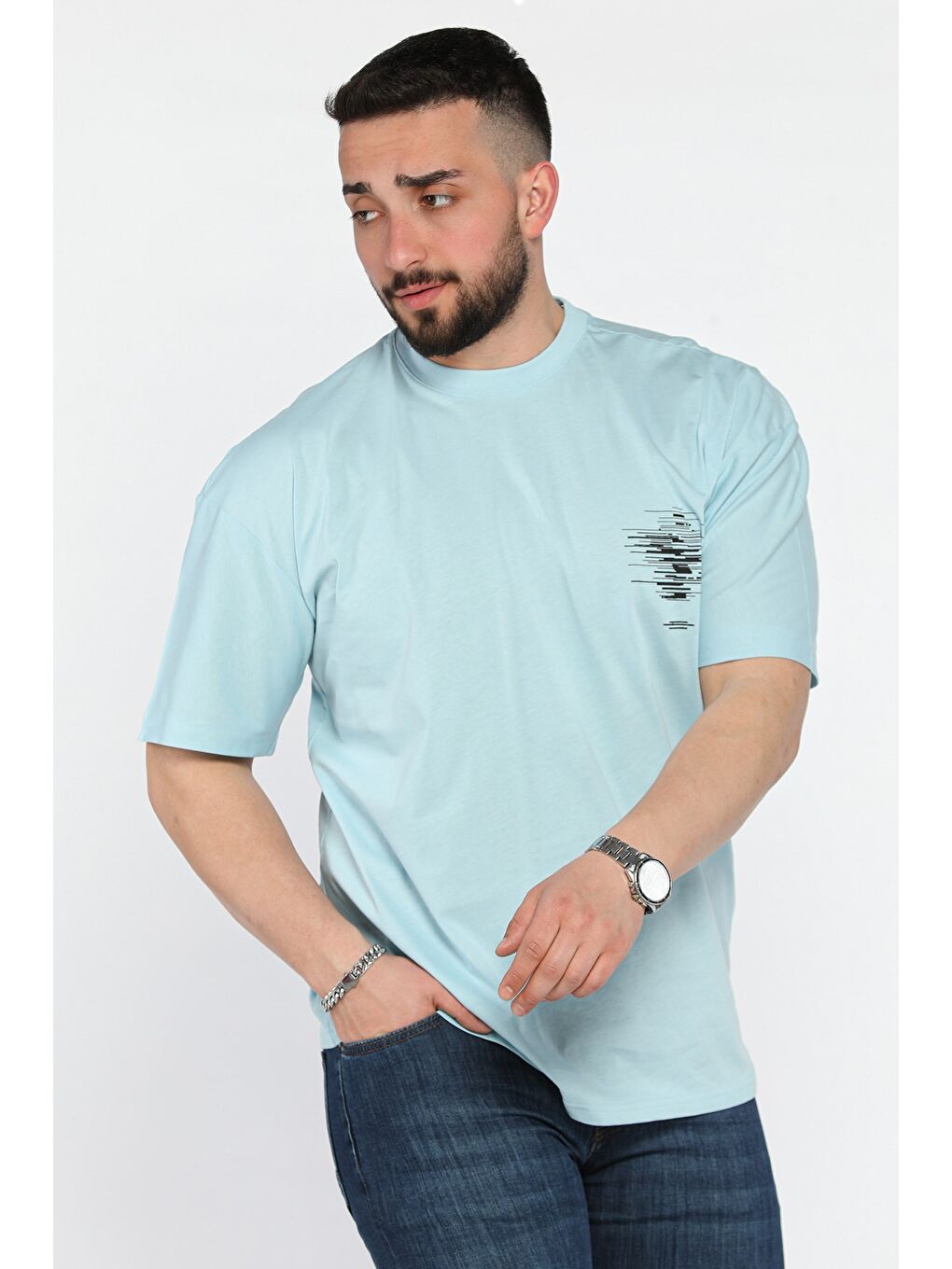 Yeşil Baskılı Bisiklet Yaka Erkek Tişört-1