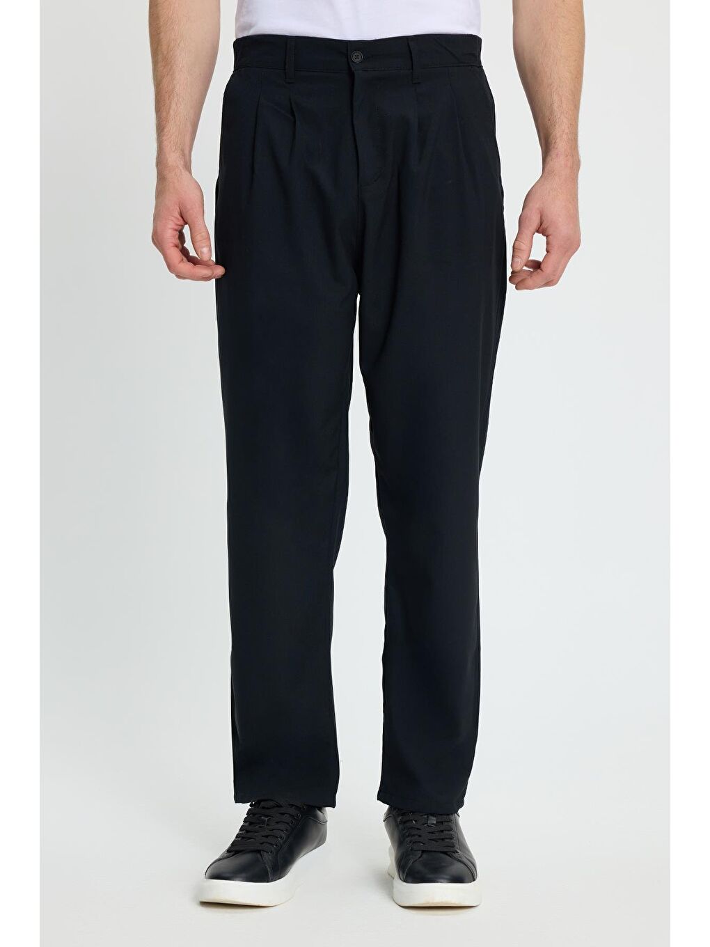 Erkek Regular Fit Çift Pileli Beli Lastikli Rahat Kesim Bol Paça Baggy Lacivert Pantolon