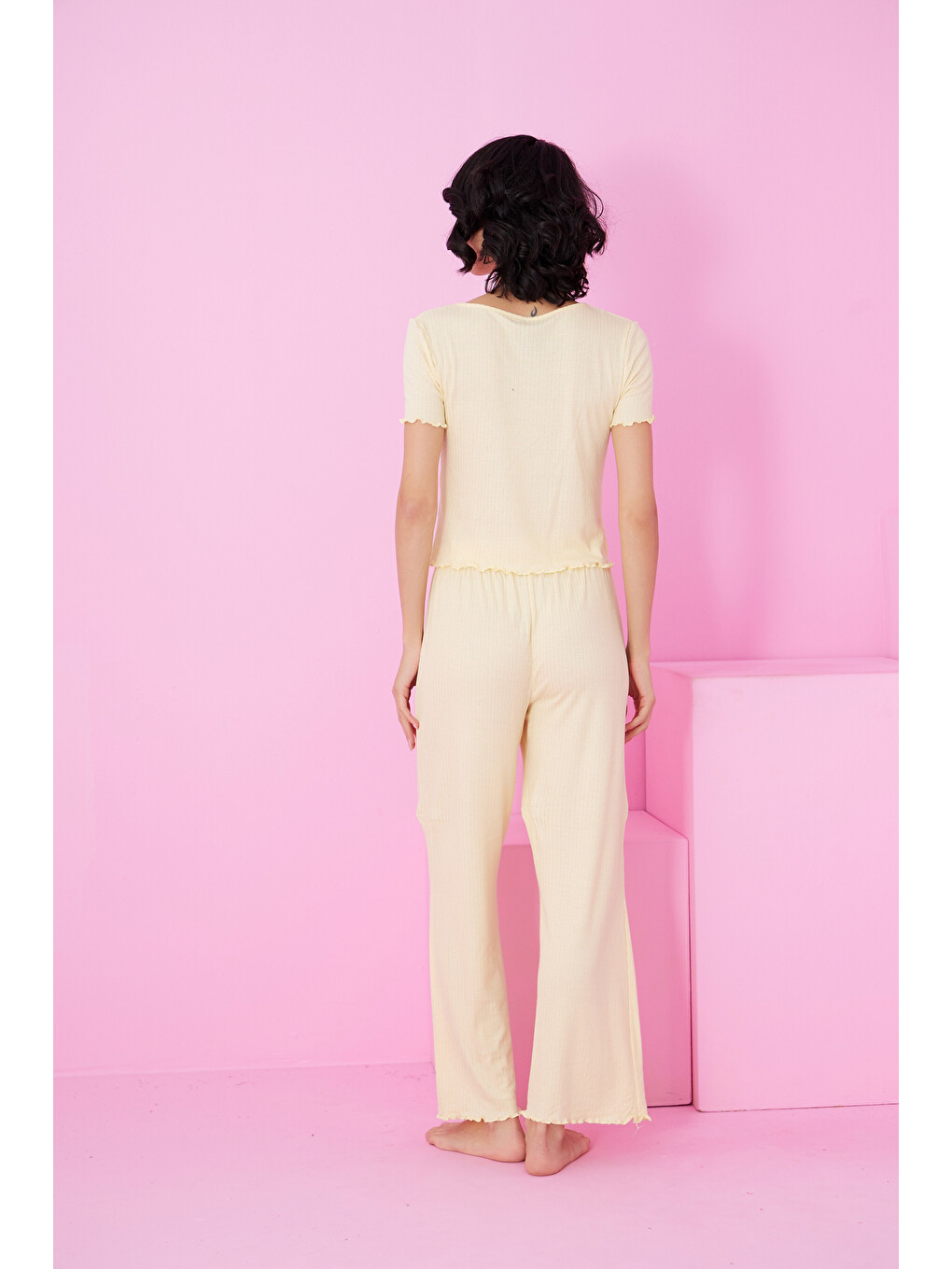 Sarı Soft Touch İnce Mevsimlik Örme Pijama Takım7869-2