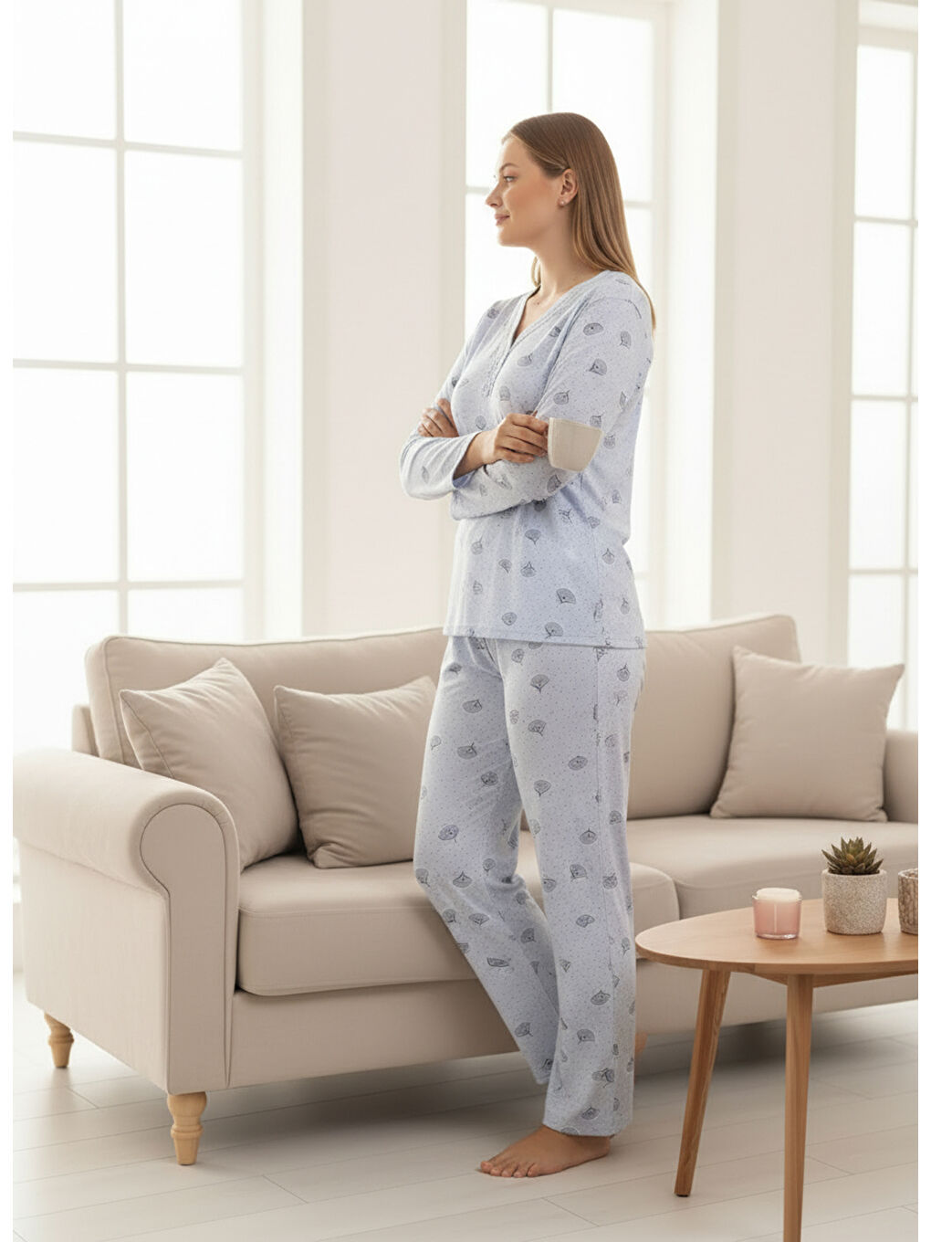 Mavi İnce Mevsimlik Kumaş Uzun Kollu Büyük Beden Kadın Pijama Takımı 773-3