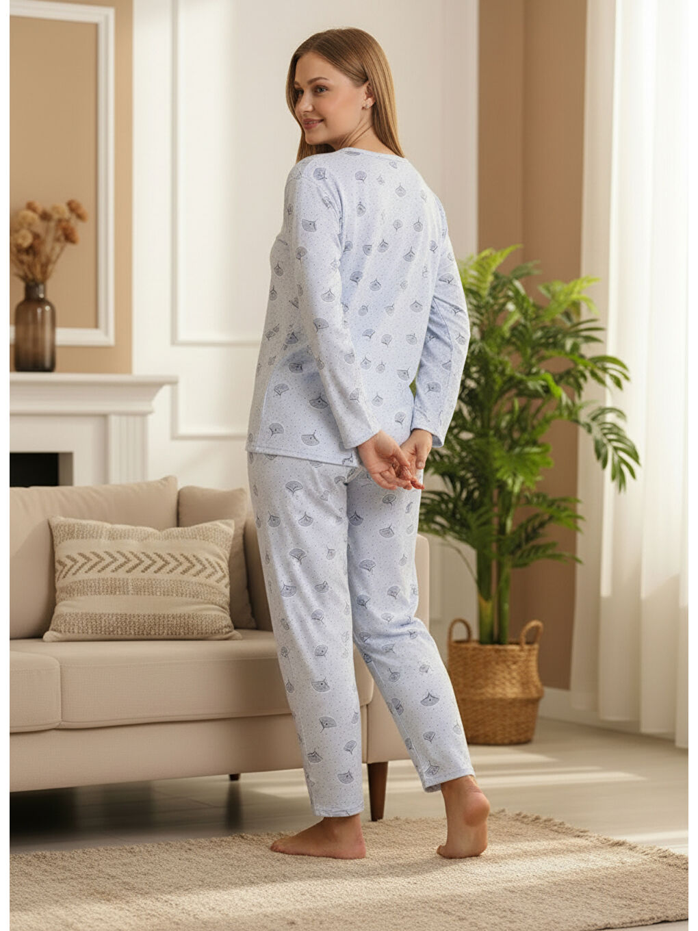 Mavi İnce Mevsimlik Kumaş Uzun Kollu Büyük Beden Kadın Pijama Takımı 773-4