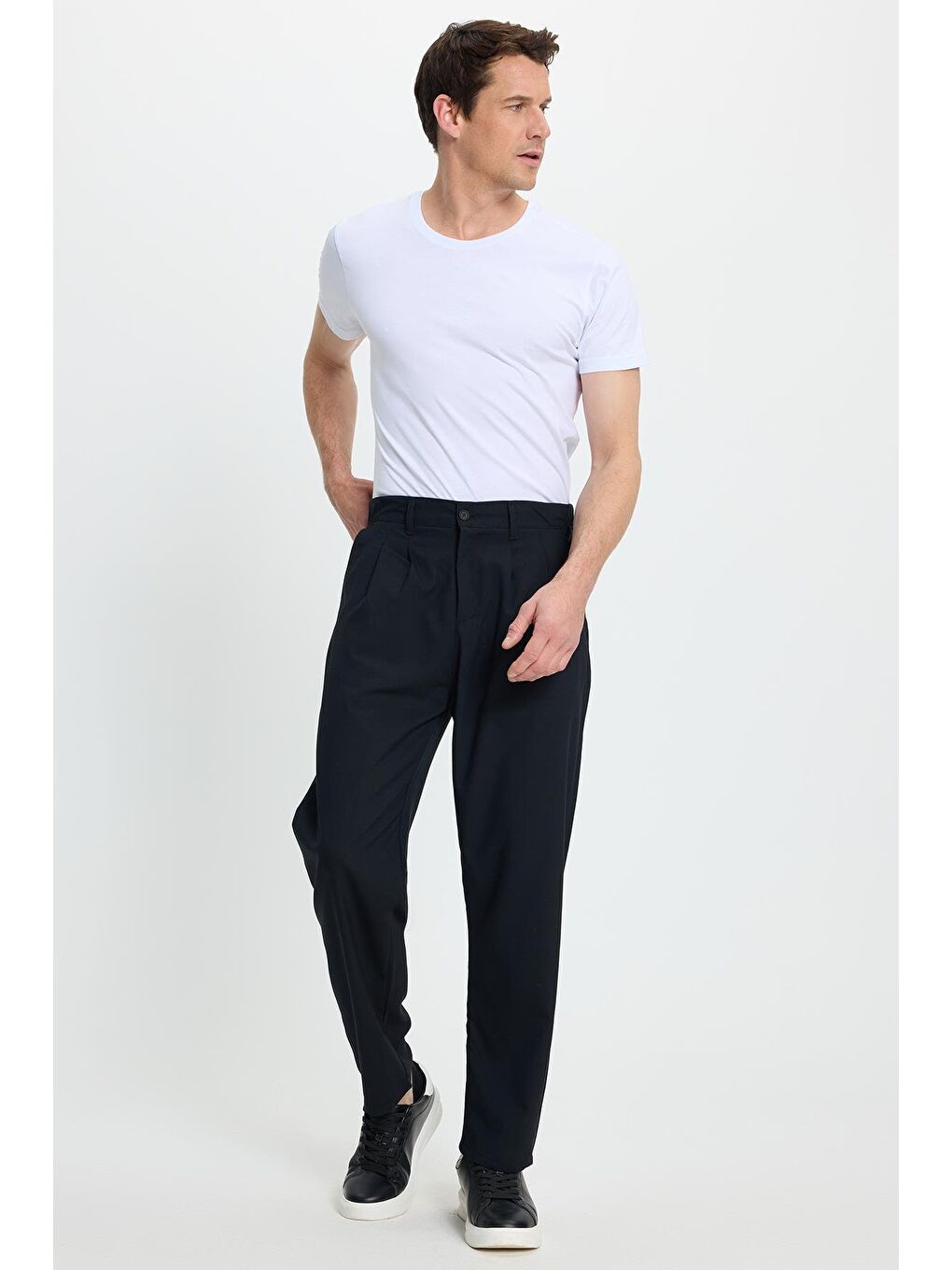 Erkek Regular Fit Çift Pileli Beli Lastikli Rahat Kesim Bol Paça Baggy Lacivert Pantolon-1