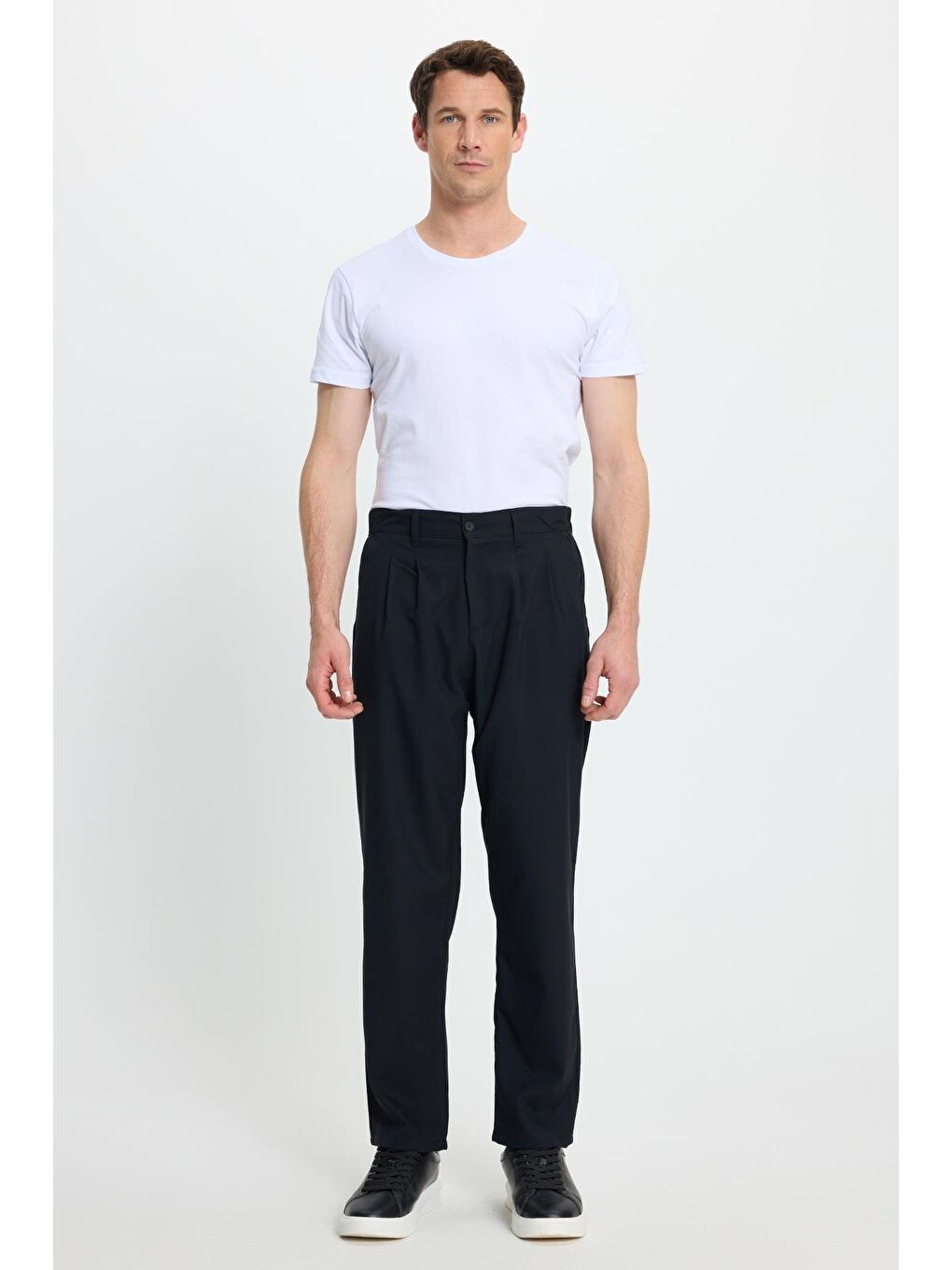 Erkek Regular Fit Çift Pileli Beli Lastikli Rahat Kesim Bol Paça Baggy Lacivert Pantolon-3