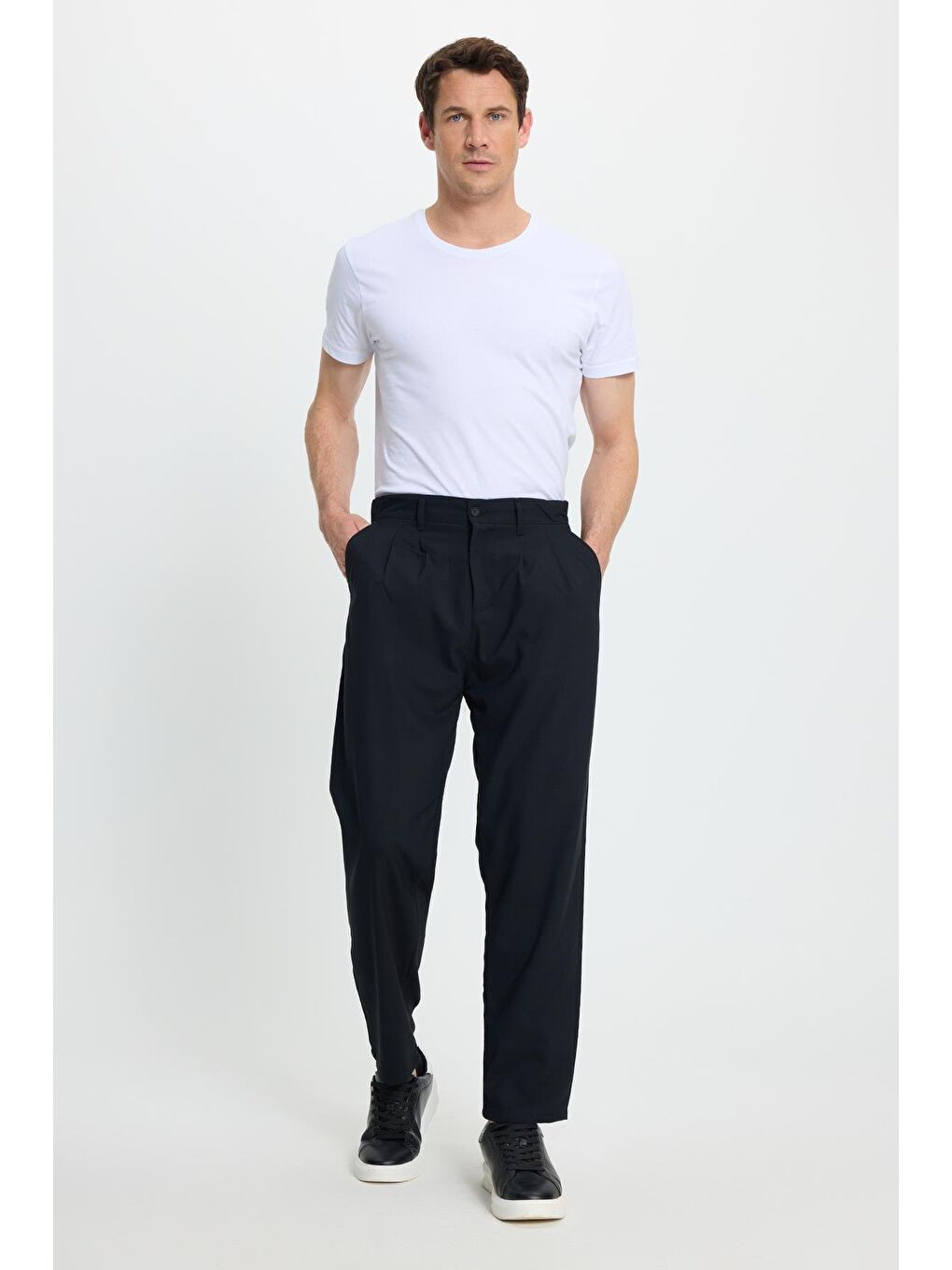 Erkek Regular Fit Çift Pileli Beli Lastikli Rahat Kesim Bol Paça Baggy Lacivert Pantolon-4